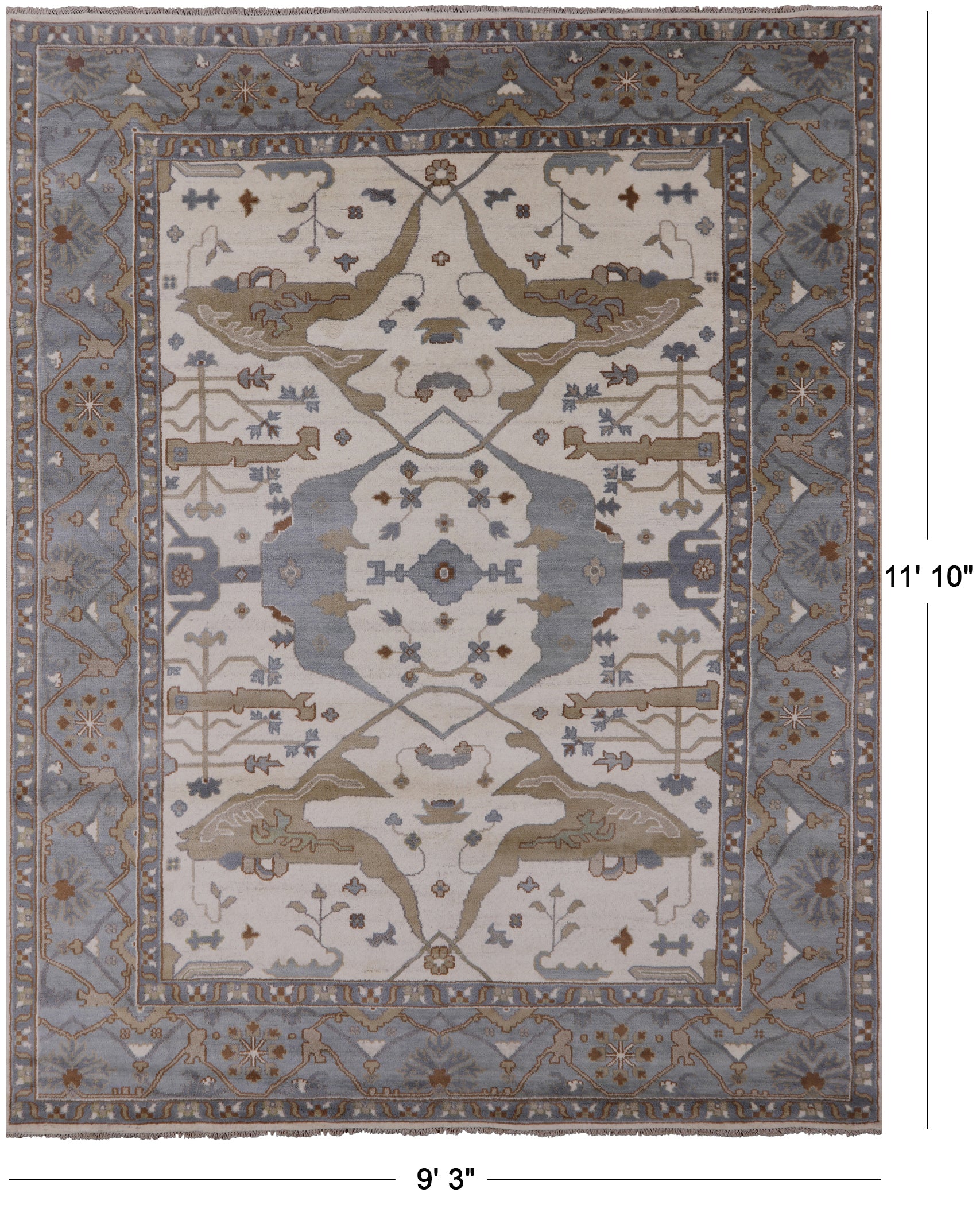 Ivory Turkish Oushak Hand Knotted Wool Area Rug - 9' 3" X 11' 10" - Golden Nile