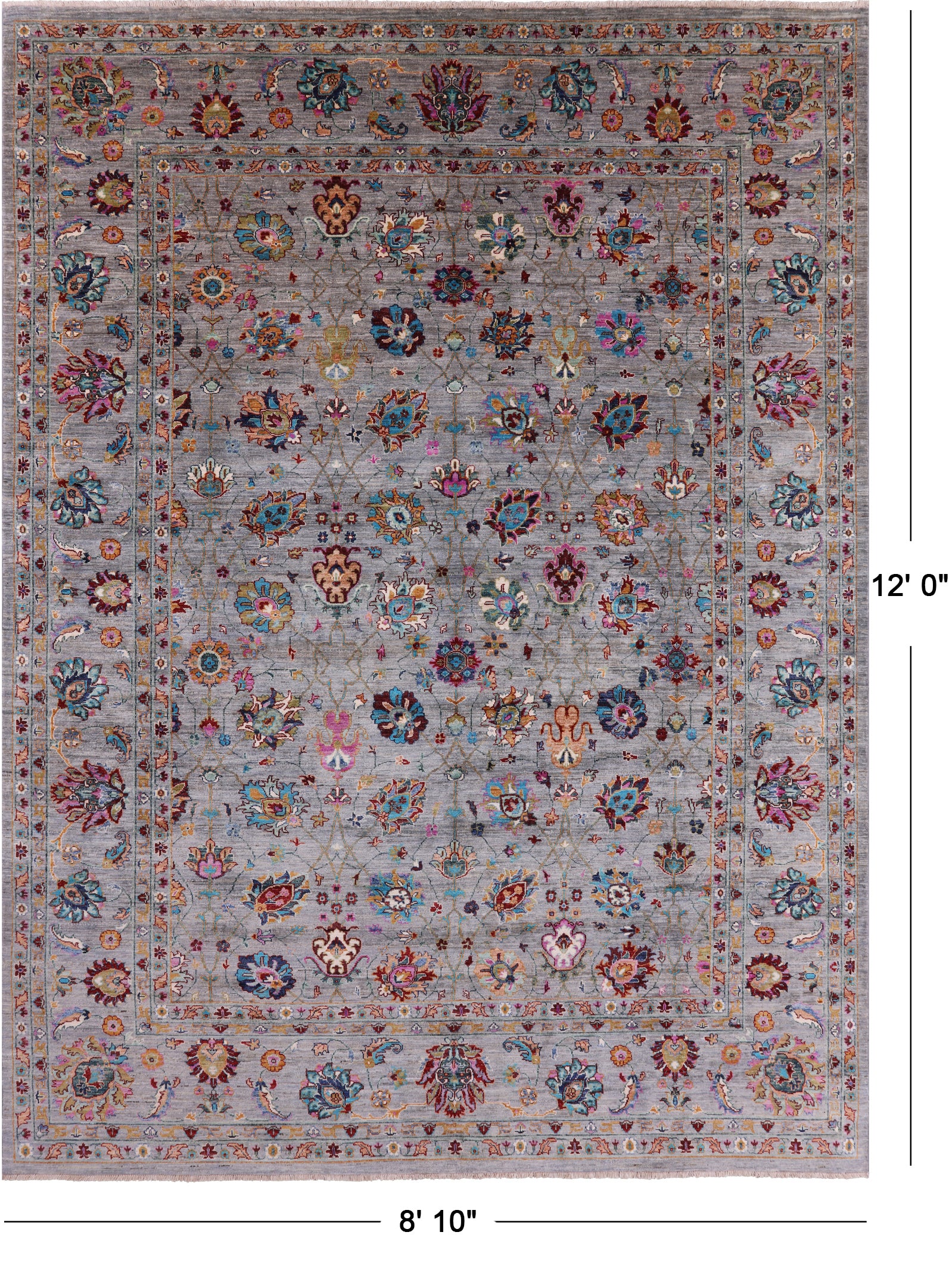 Grey Peshawar Hand Knotted Wool Rug - 8' 10" X 12' 0" - Golden Nile
