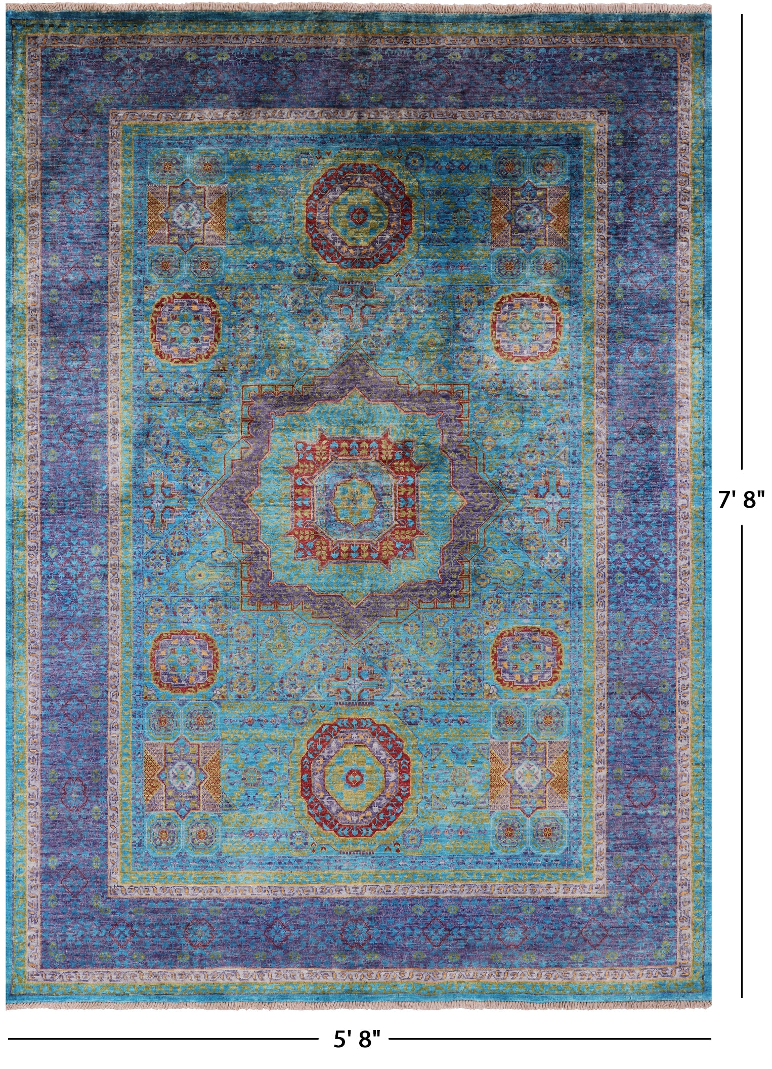 Blue Geometric Persian Mamluk Hand Knotted Wool Rug - 5' 8" X 7' 8" - Golden Nile