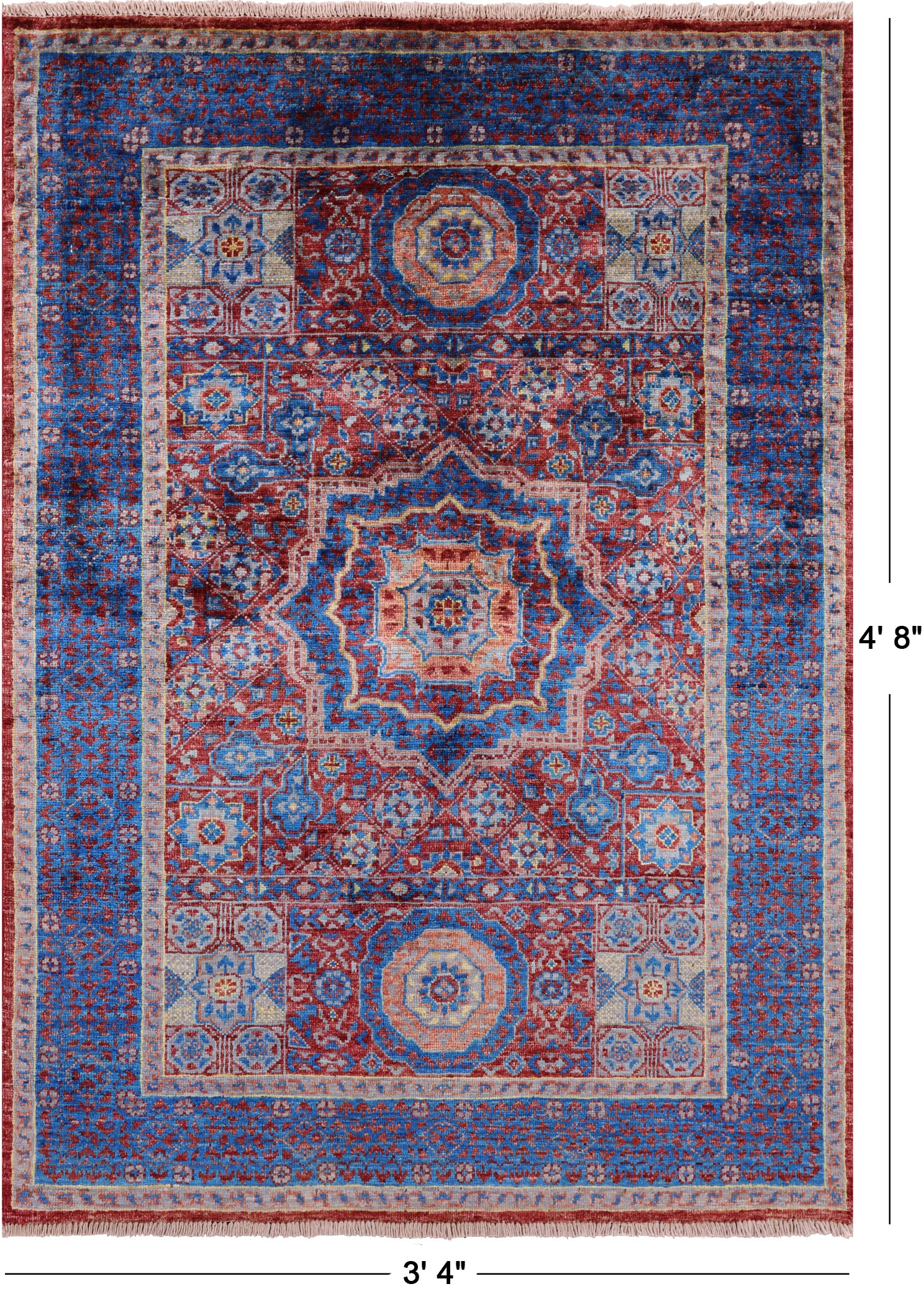 Red Geometric Persian Mamluk Hand Knotted Wool Rug - 3' 4" X 4' 8" - Golden Nile