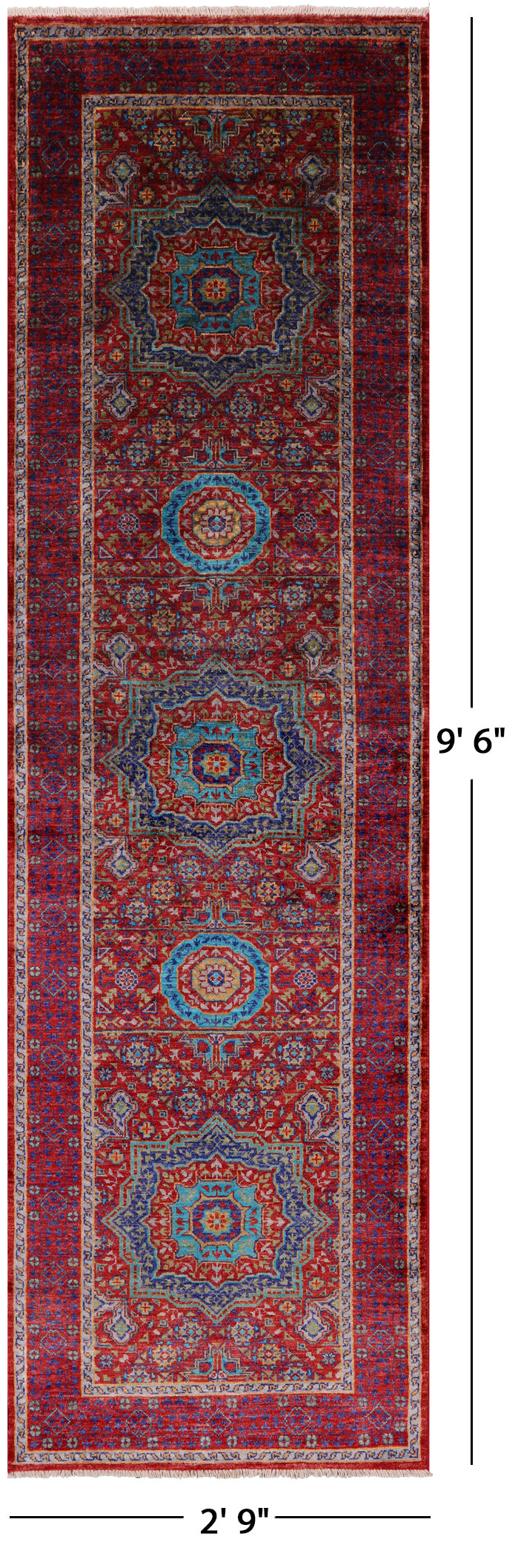 Red Geometric Persian Mamluk Hand Knotted Wool Runner Rug - 2' 9" X 9' 6" - Golden Nile