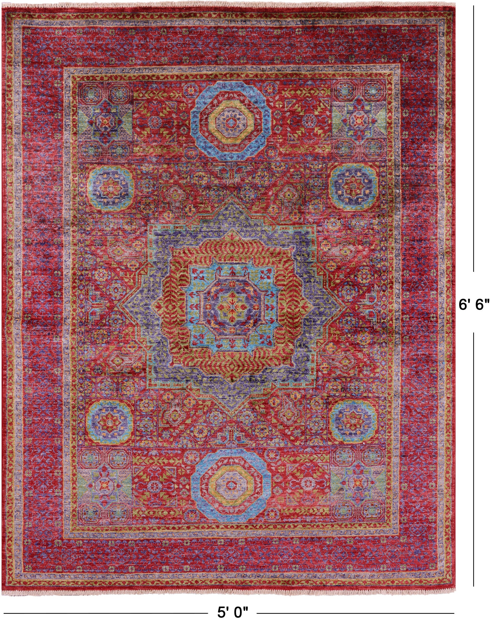 Red Mamluk Hand Knotted Wool Rug - 5' 0" X 6' 6" - Golden Nile