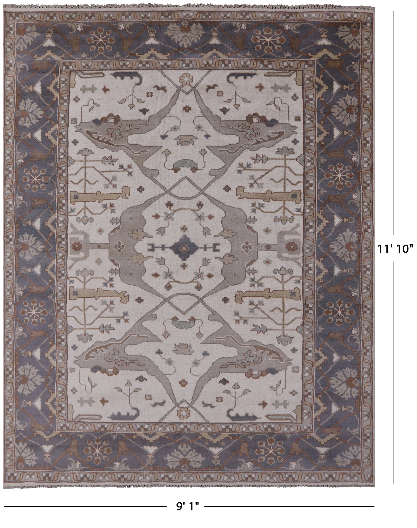 Ivory Turkish Oushak Hand Knotted Wool Area Rug - 9' 1" X 11' 10" - Golden Nile