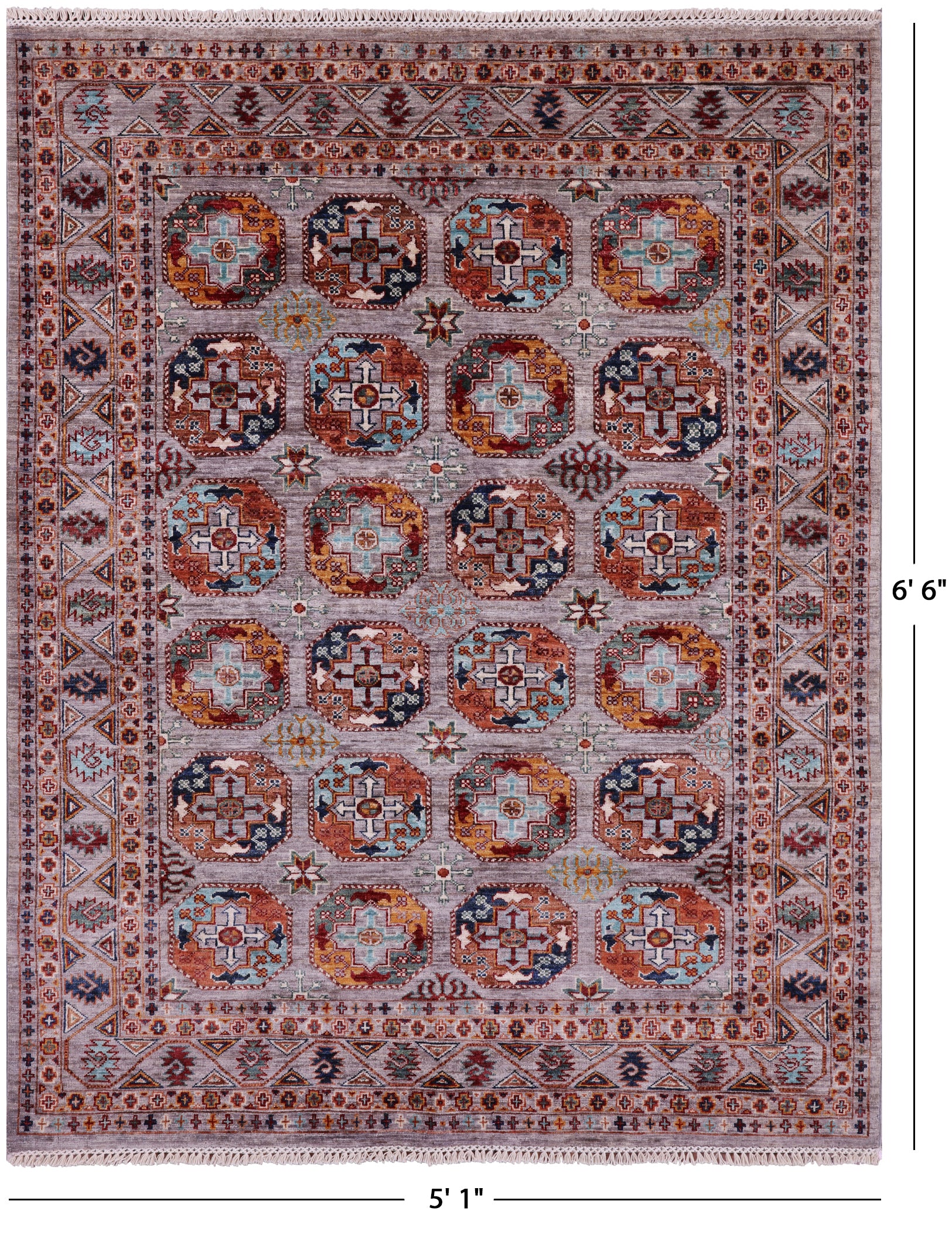 Grey Turkmen Ersari Hand Knotted Wool Rug - 5' 1" X 6' 6" - Golden Nile