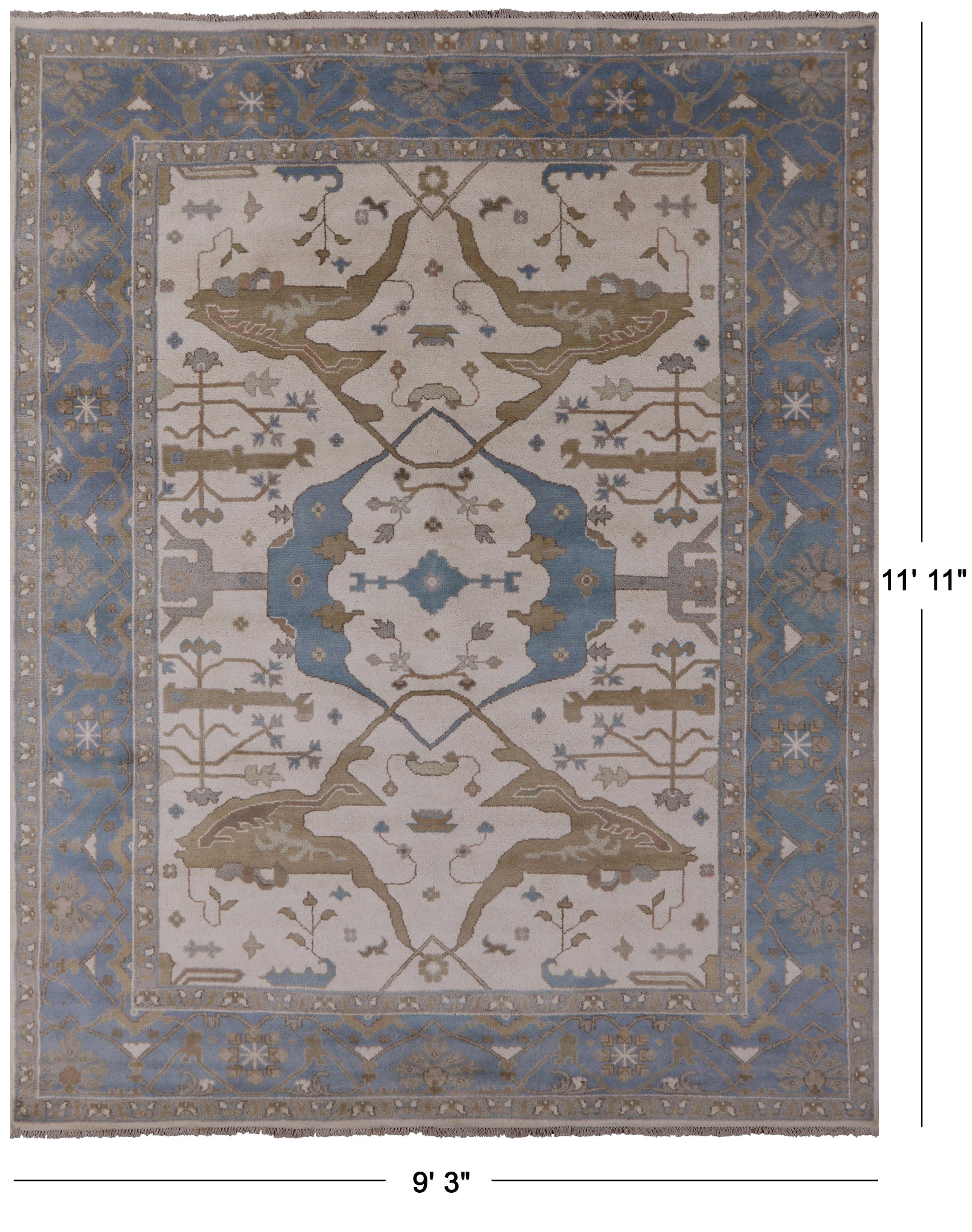 Ivory Turkish Oushak Hand Knotted Wool Area Rug - 9' 3" X 11' 11" - Golden Nile