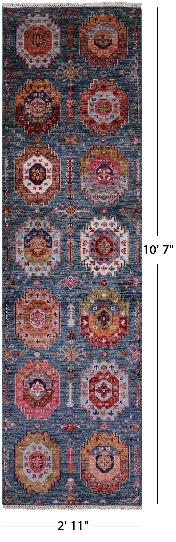 Green Turkmen Ersari Handmade Wool Runner Rug - 2' 11" X 10' 7" - Golden Nile