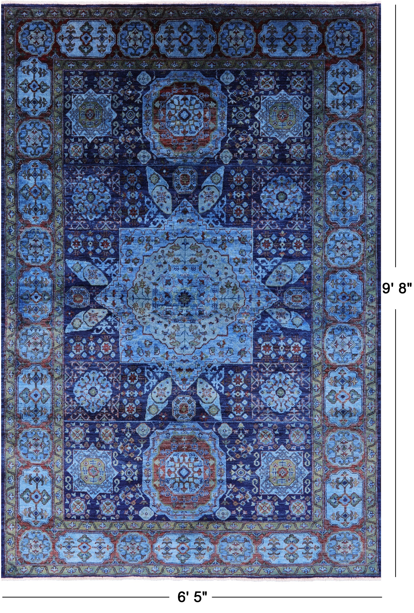 Blue Mamluk Hand Knotted Wool Rug - 6' 5" X 9' 8" - Golden Nile