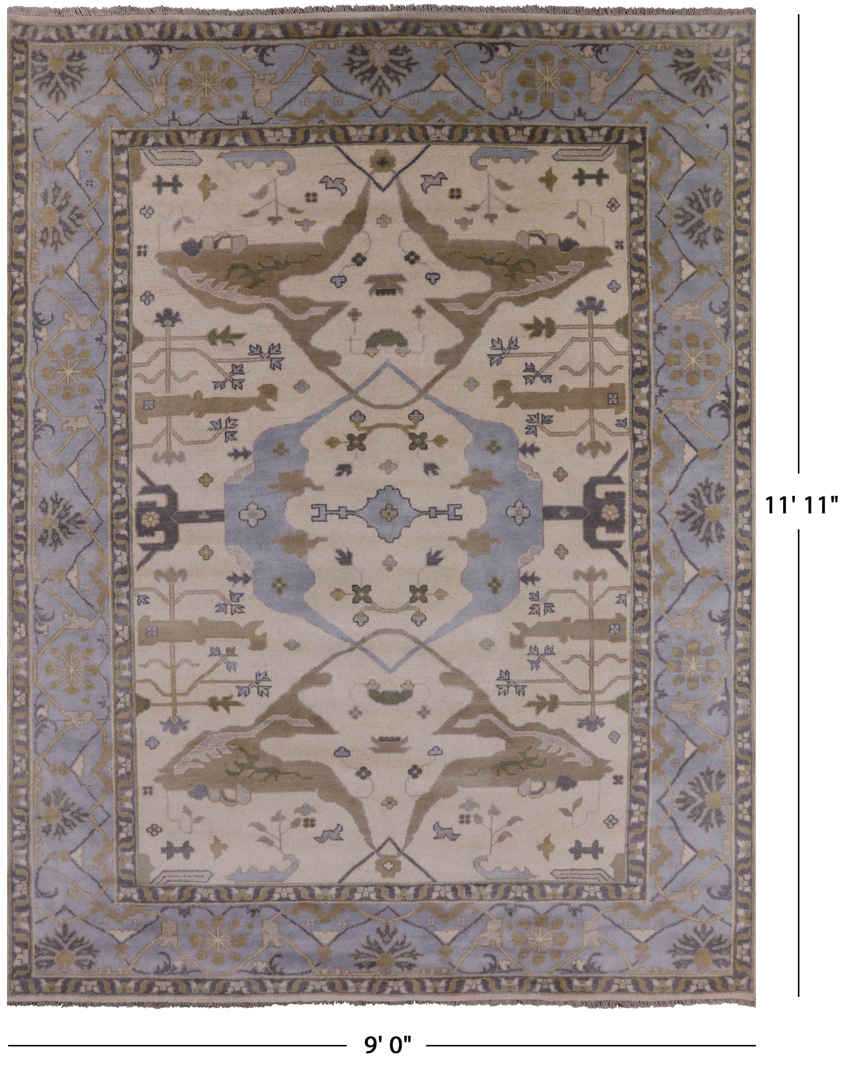 Ivory Turkish Oushak Hand Knotted Wool Area Rug - 9' 0" X 11' 11" - Golden Nile
