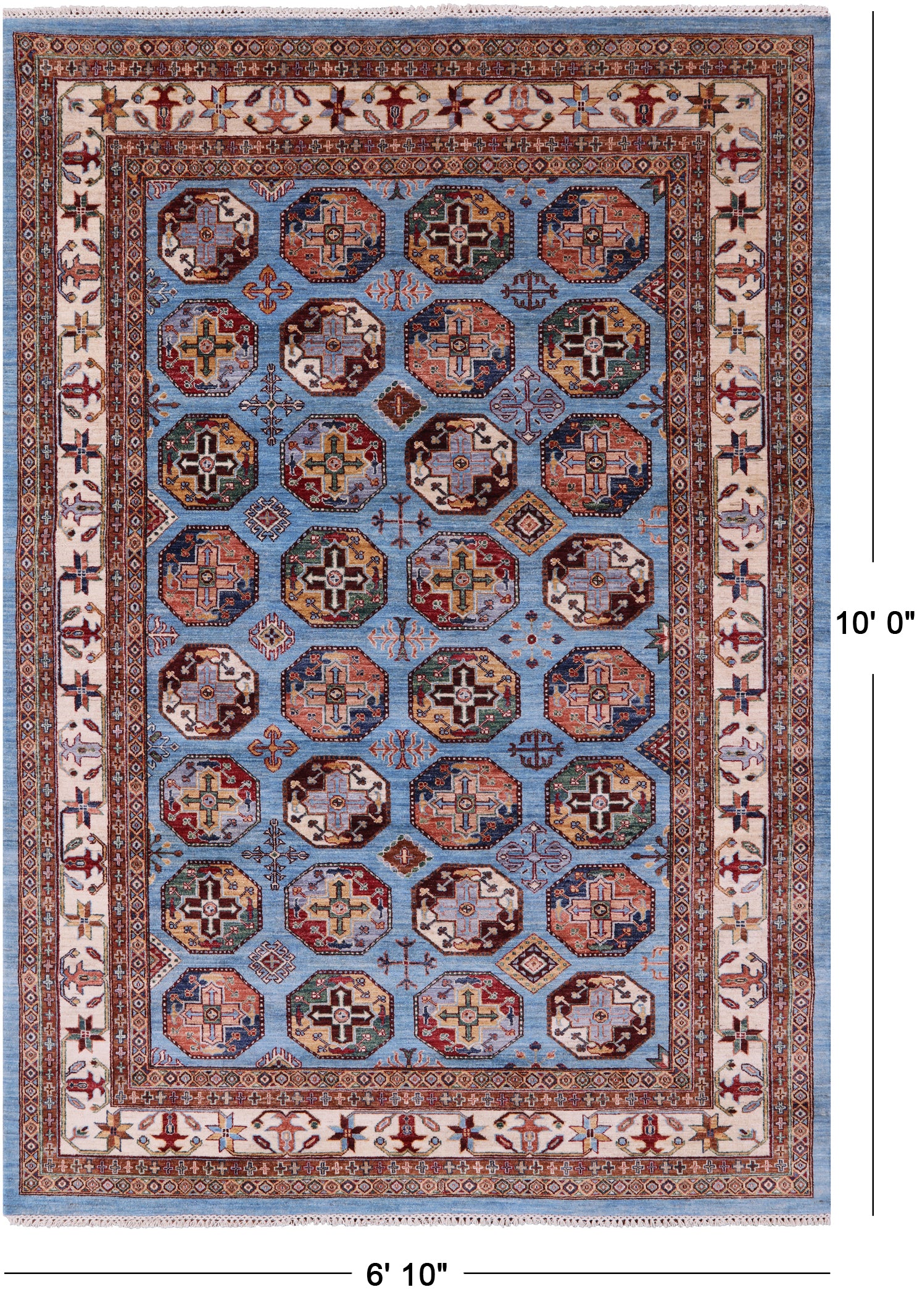 Blue Turkmen Ersari Hand Knotted Wool Rug - 6' 10" X 10' 0" - Golden Nile