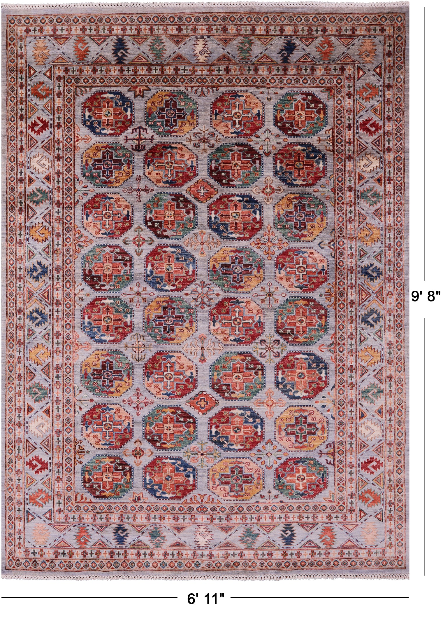 Grey Turkmen Ersari Hand Knotted Wool Rug - 6' 11" X 9' 8" - Golden Nile