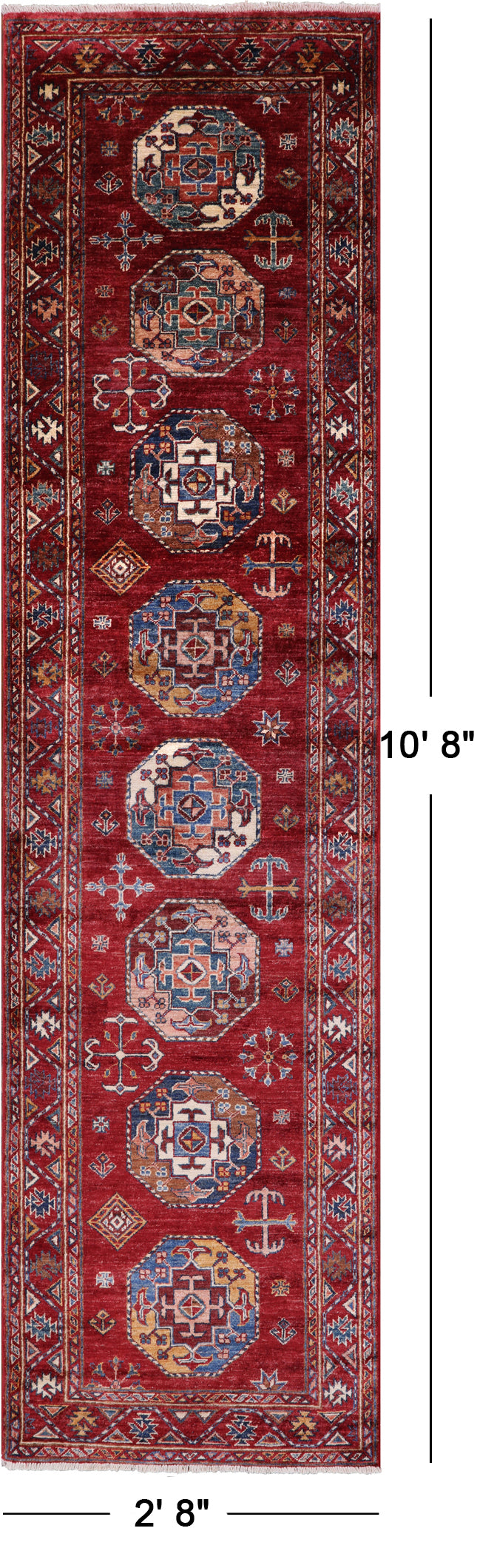 Red Turkmen Ersari Hand Knotted Wool Runner Rug - 2' 8" X 10' 8" - Golden Nile