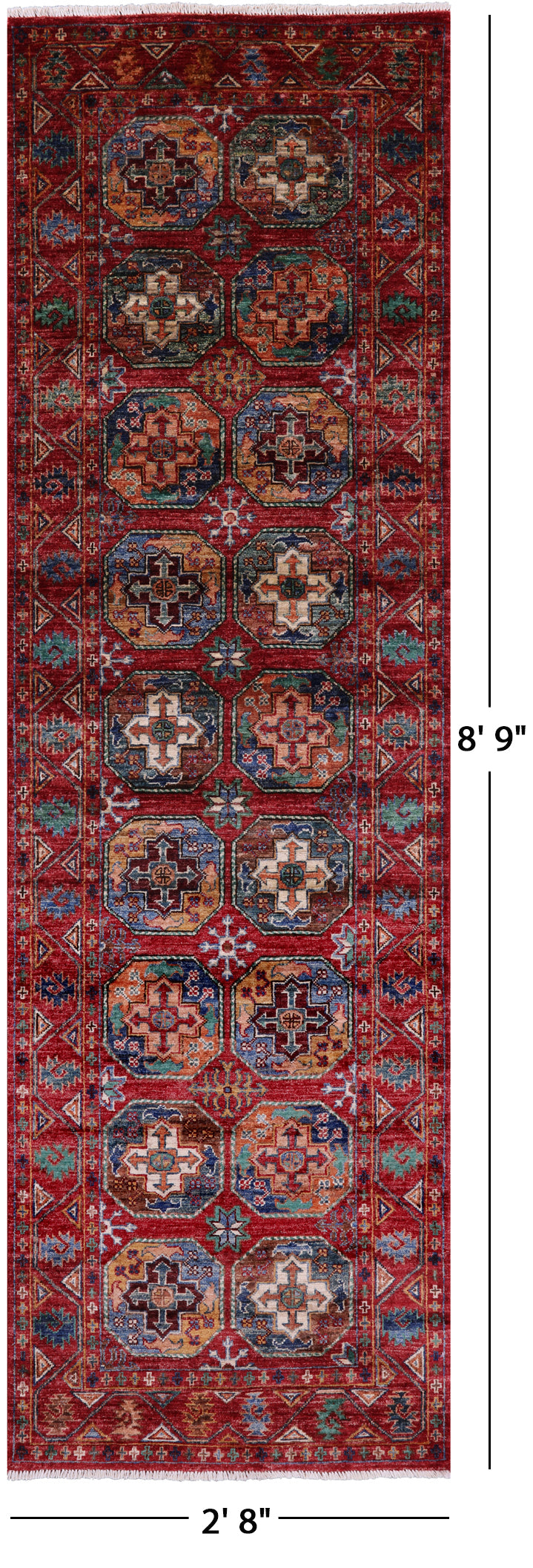 Red Turkmen Ersari Hand Knotted Wool Runner Rug - 2' 8" X 8' 9" - Golden Nile