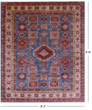 Blue Super Kazak Hand Knotted Wool Rug - 8' 2" X 9' 9" - Golden Nile