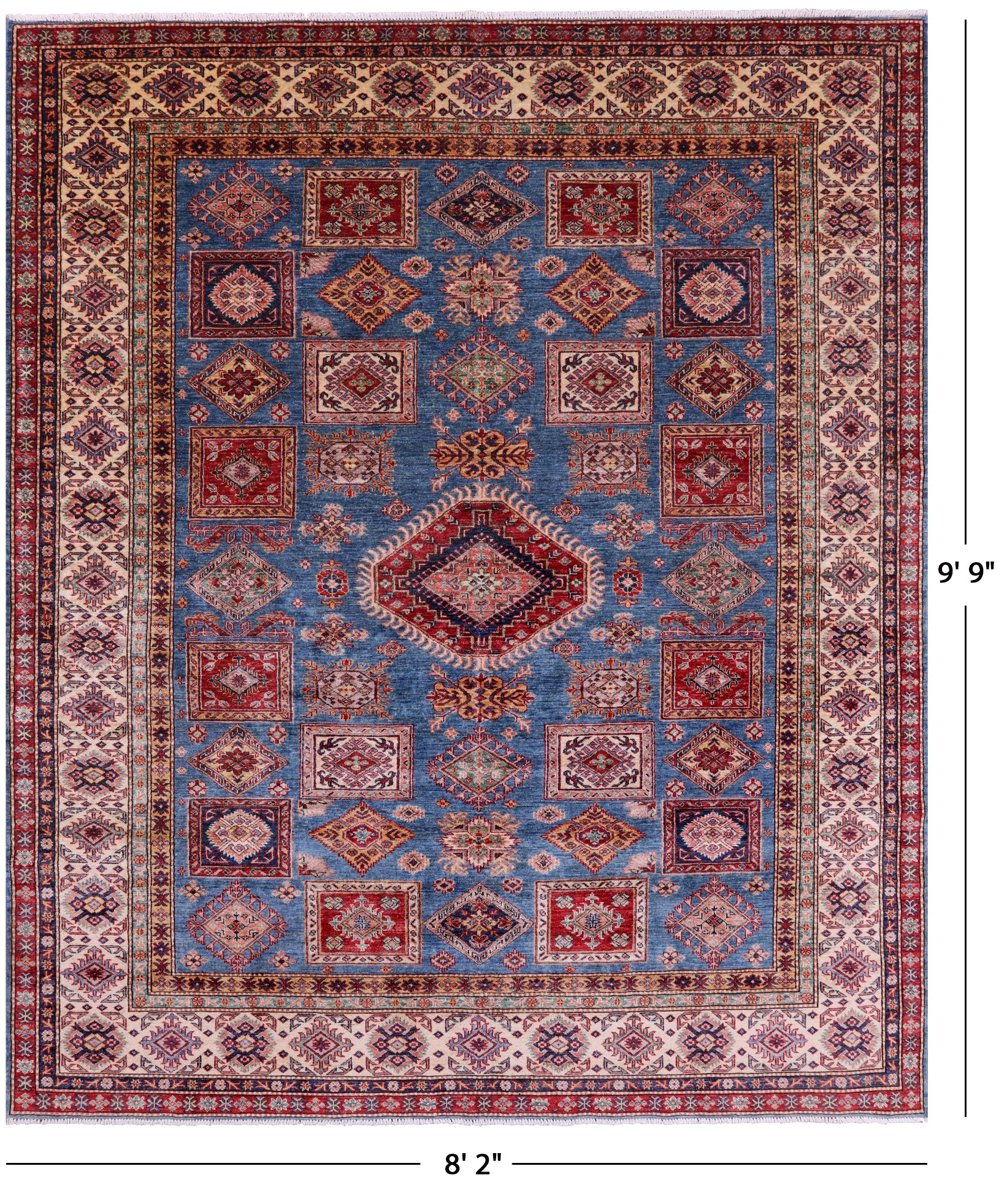 Blue Super Kazak Hand Knotted Wool Rug - 8' 2" X 9' 9" - Golden Nile