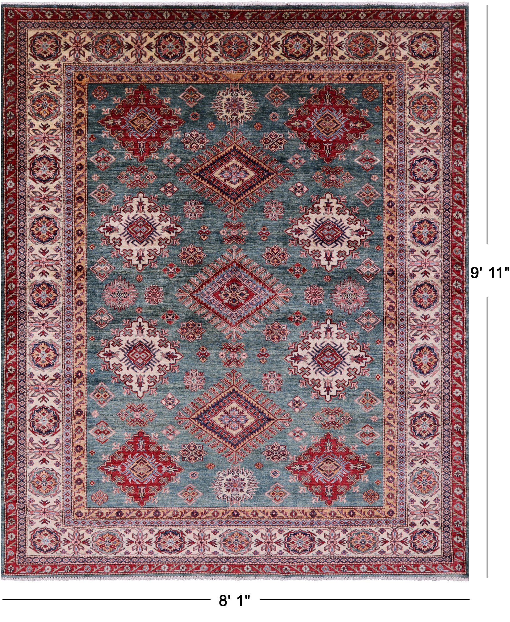 Green Super Kazak Hand Knotted Wool Rug - 8' 1" X 9' 11" - Golden Nile