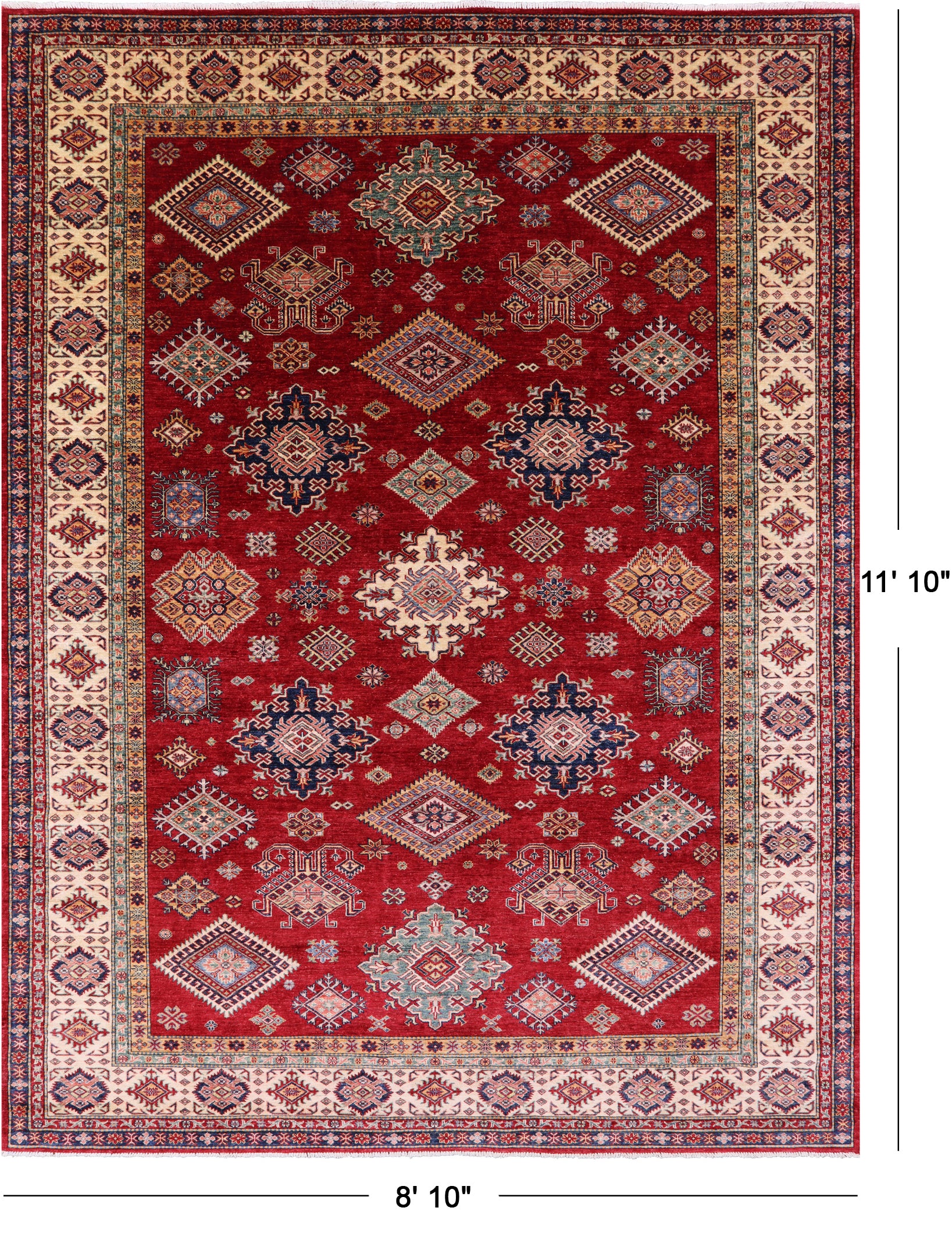 Red Super Kazak Hand Knotted Wool Rug - 8' 10" X 11' 10" - Golden Nile