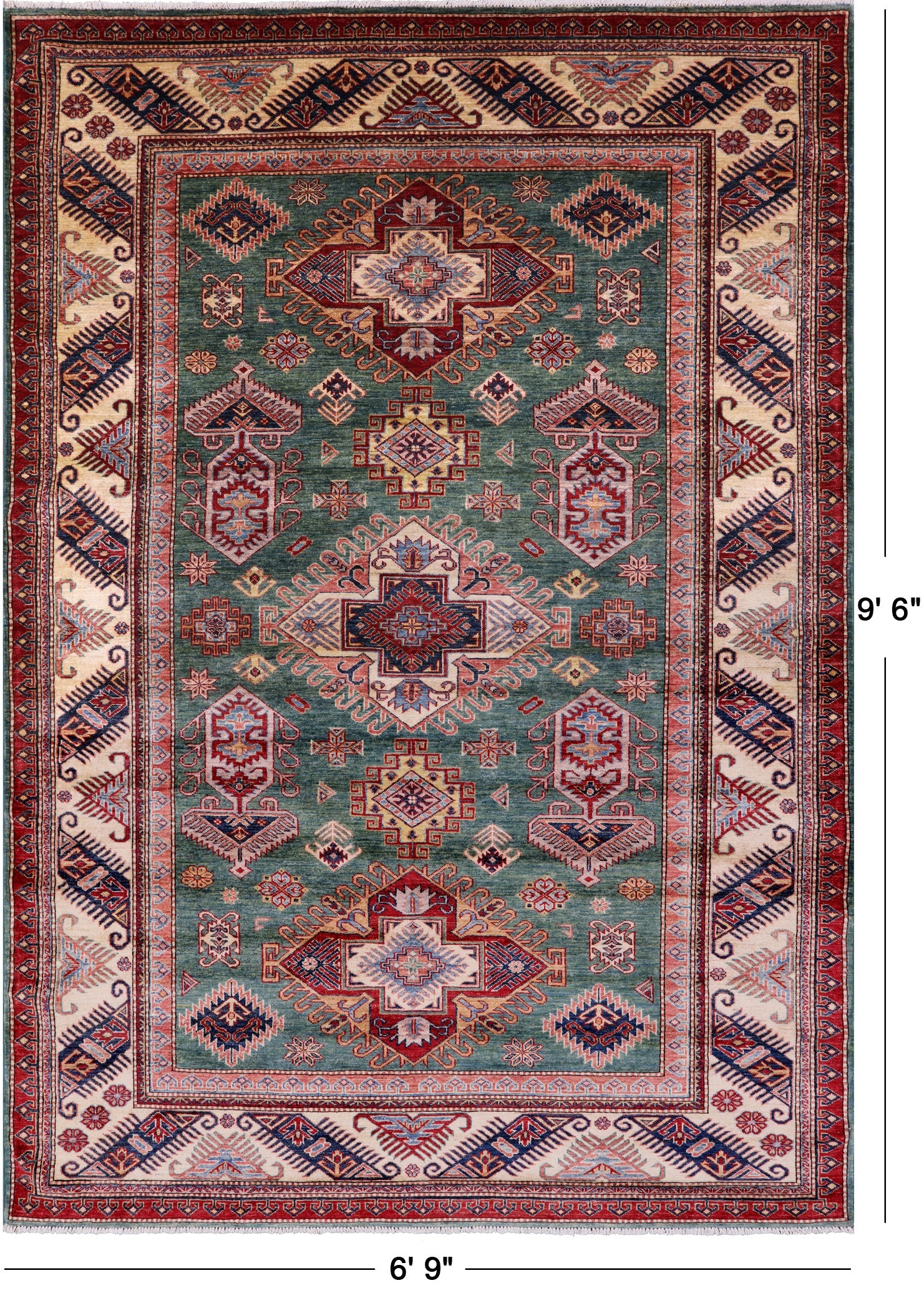 Green Super Kazak Hand Knotted Wool Rug - 6' 9" X 9' 6" - Golden Nile