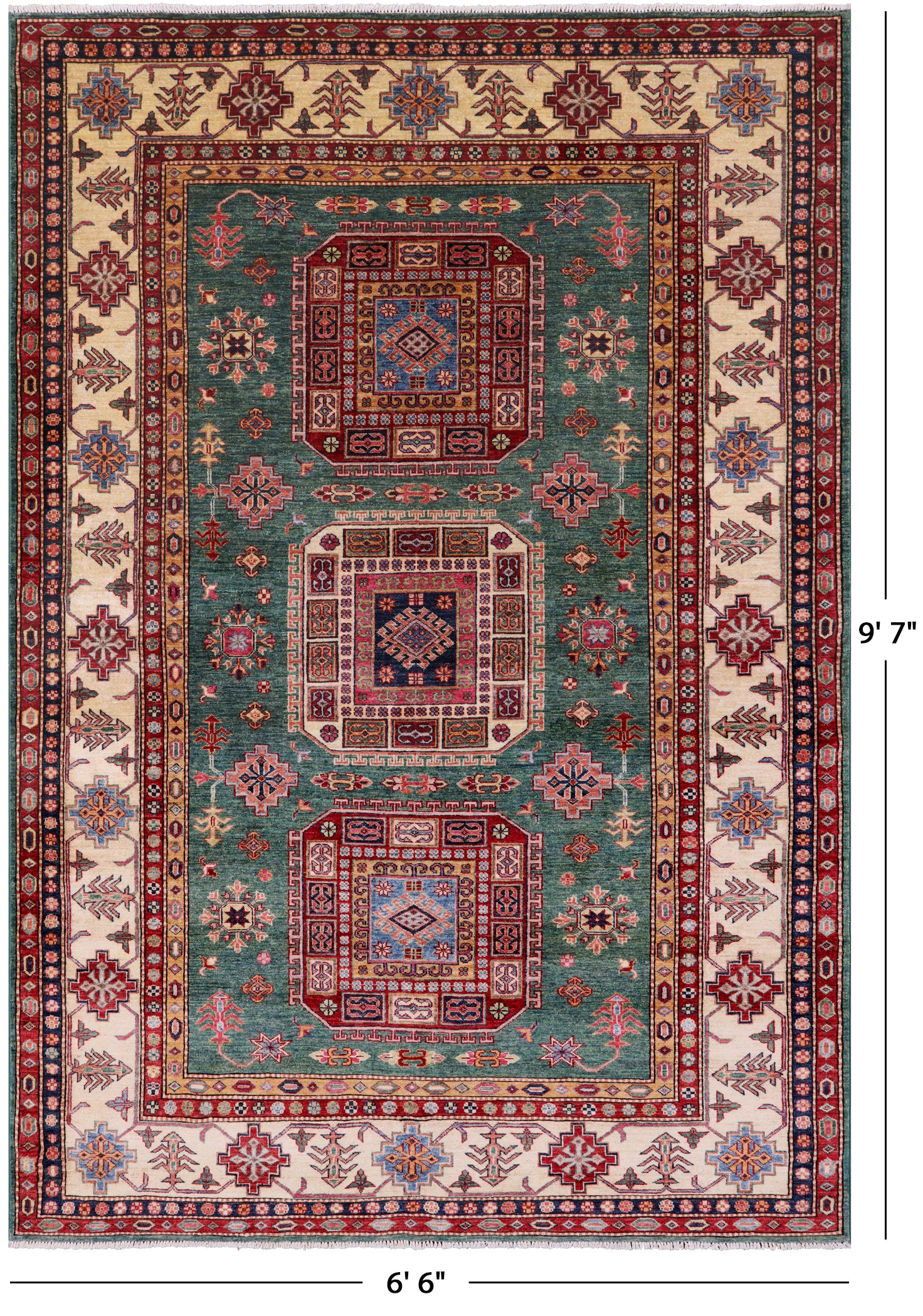 Green Super Kazak Hand Knotted Wool Rug - 6' 6" X 9' 7" - Golden Nile