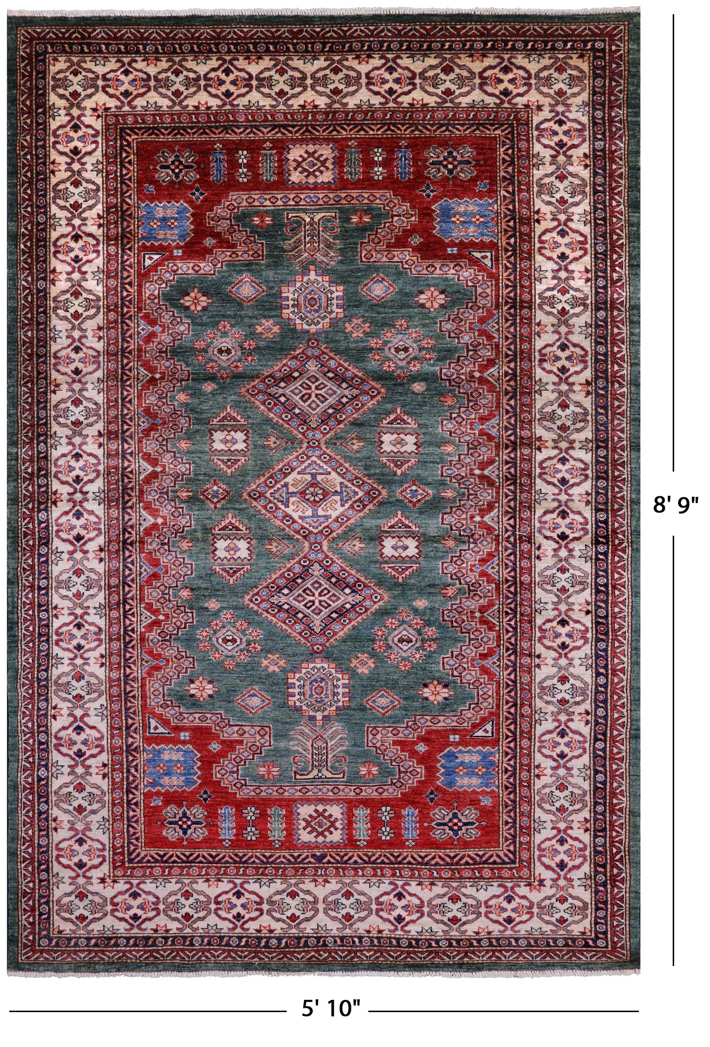 Green Super Kazak Hand Knotted Wool Rug - 5' 10" X 8' 9" - Golden Nile