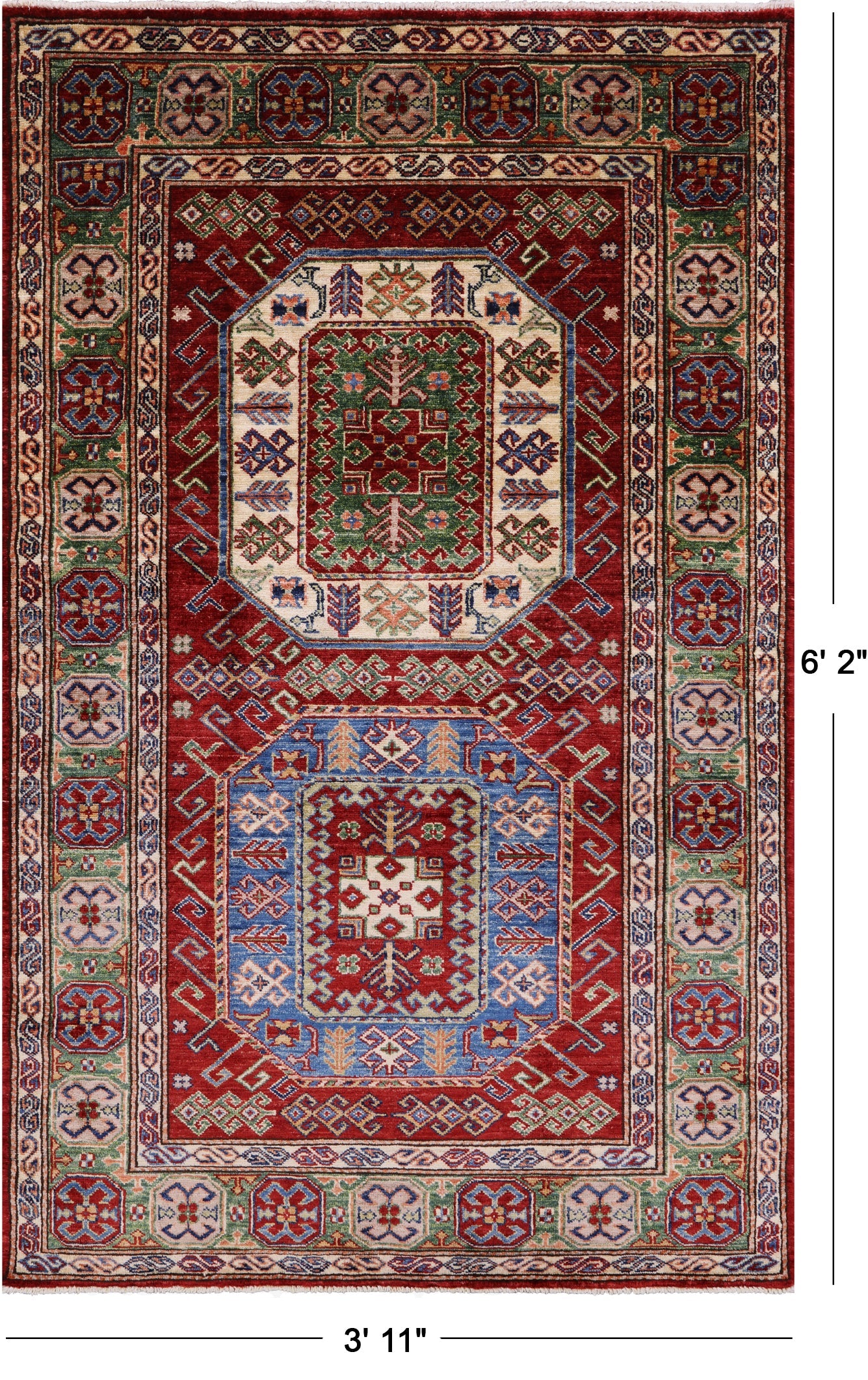 Red Super Kazak Handmade Wool Rug - 3' 11" X 6' 2" - Golden Nile