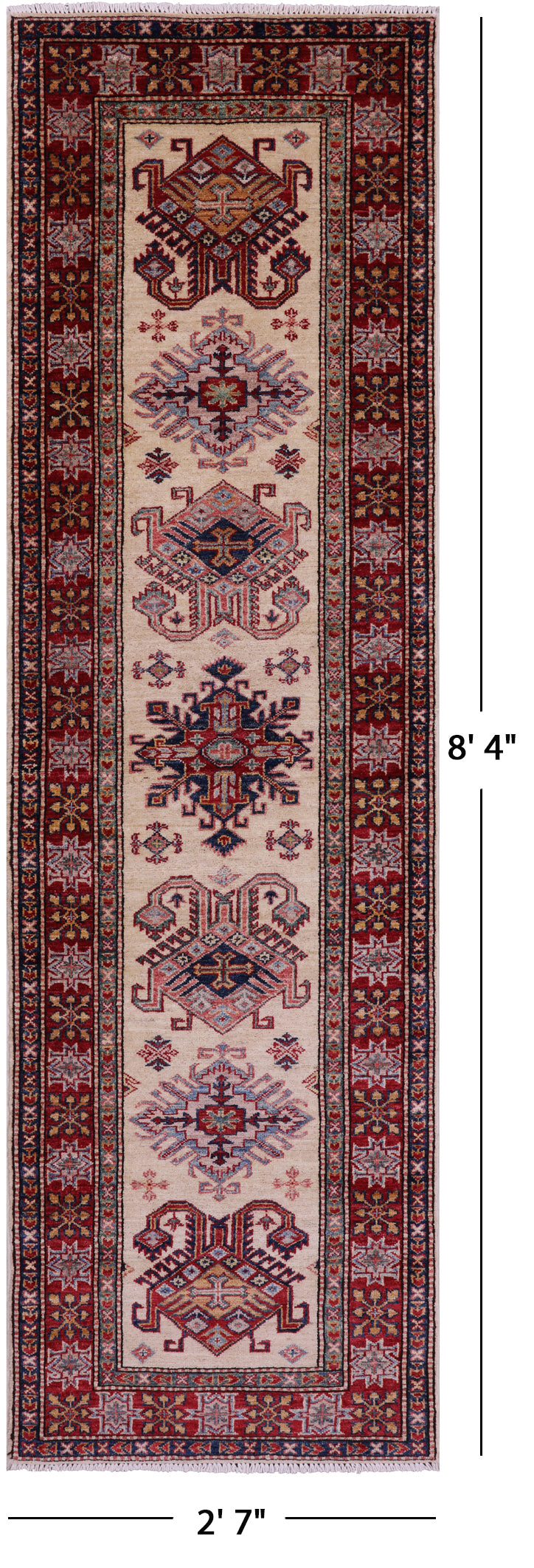 Ivory Super Kazak Hand Knotted Wool Runner Rug - 2' 7" X 8' 4" - Golden Nile