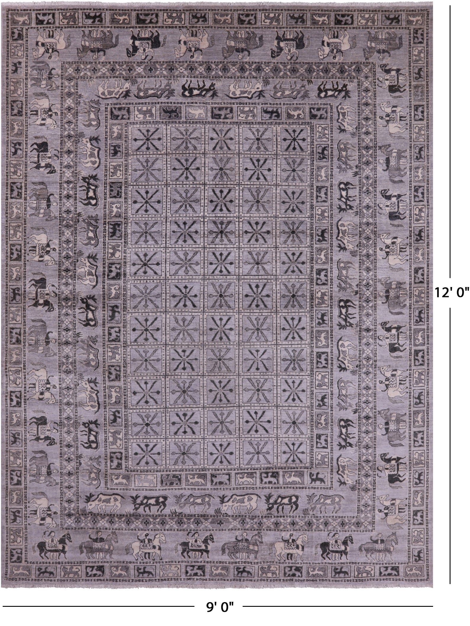 Grey Antiqued Pazyryk Historical Design Hand Knotted Wool Rug - 9' 0" X 12' 0" - Golden Nile