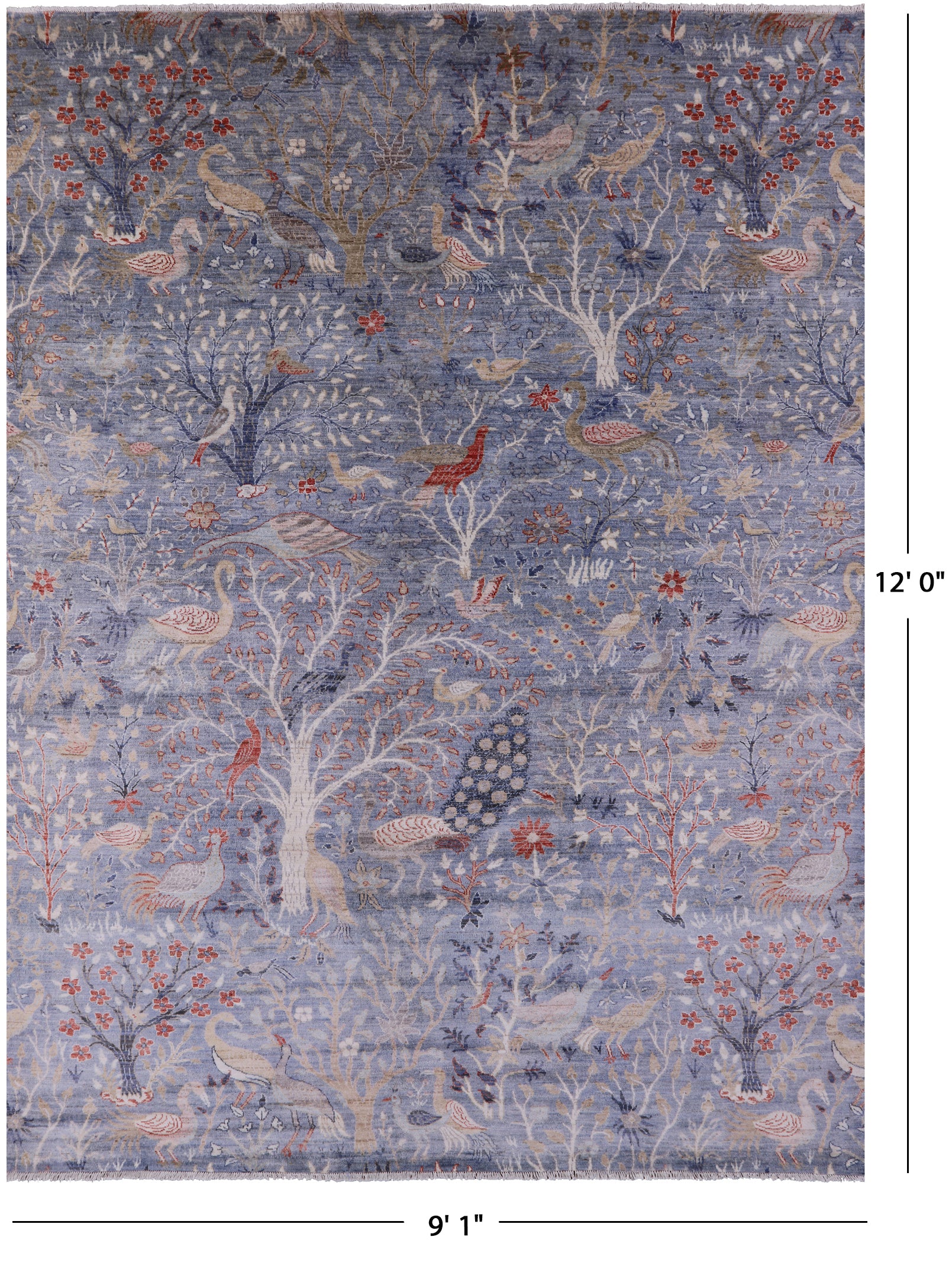 Blue Exotic Birds Persian Hand Knotted Wool Rug - 9' 1" X 12' 0" - Golden Nile