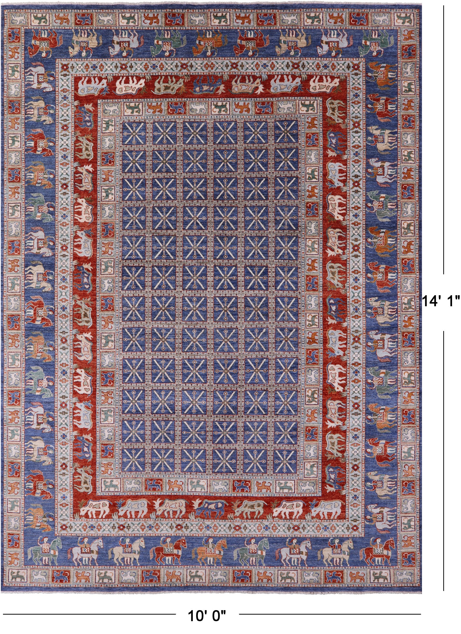 Blue Antiqued Pazyryk Historical Design Hand Knotted Wool Rug - 10' 0" X 14' 1" - Golden Nile