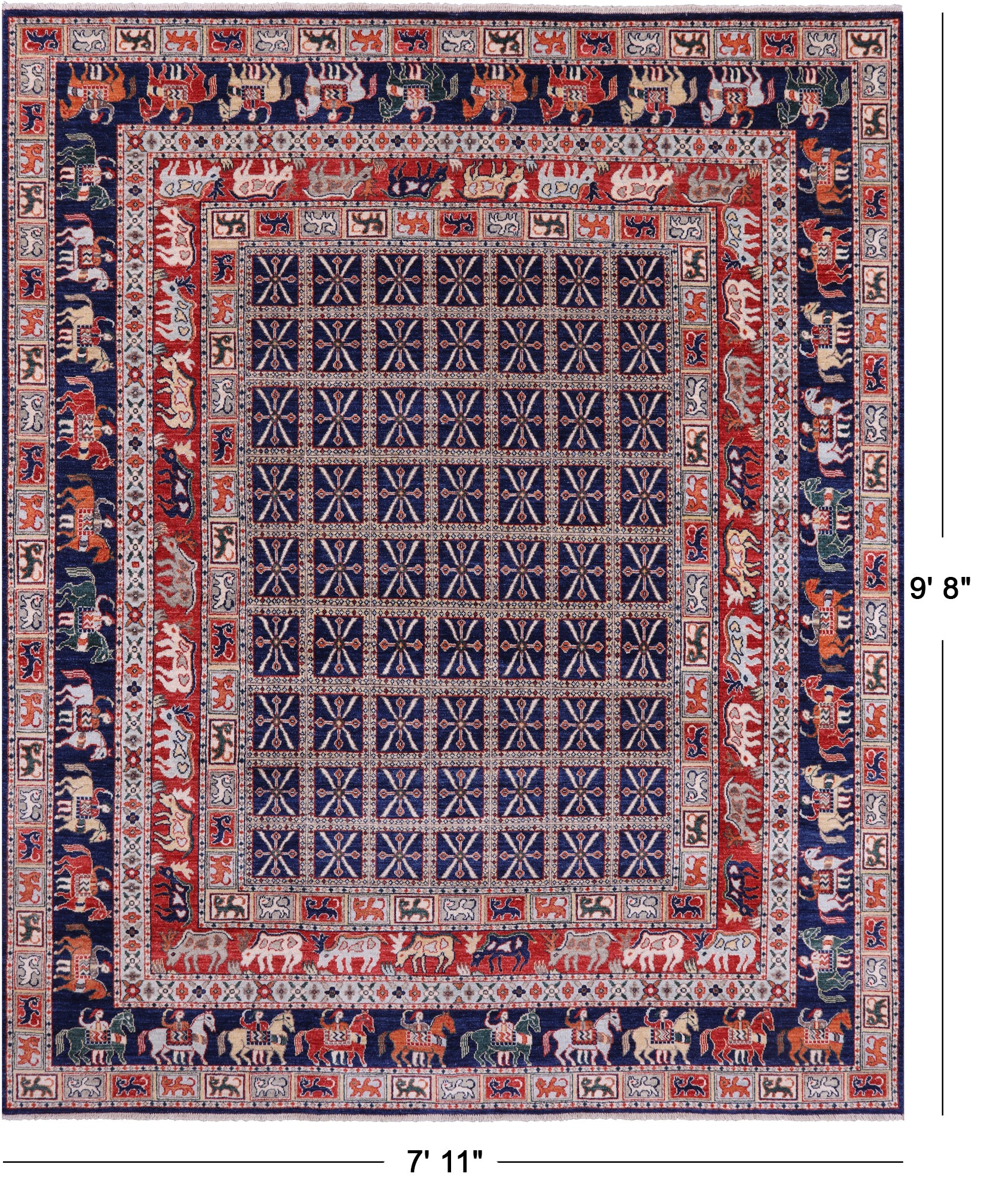 Blue Antiqued Pazyryk Historical Design Hand Knotted Wool Rug - 7' 11" X 9' 8" - Golden Nile