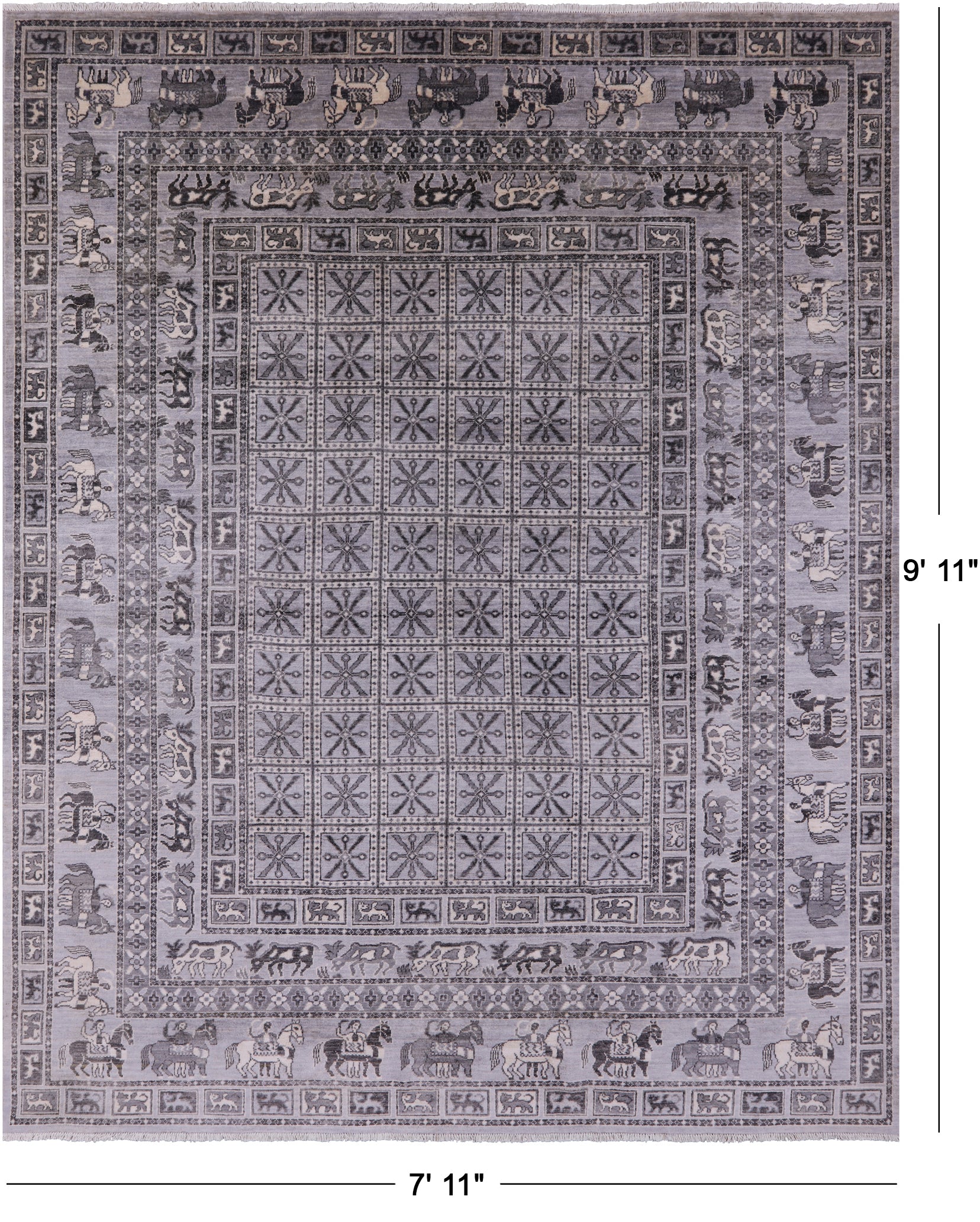 Grey Antiqued Pazyryk Historical Design Handmade Wool Rug - 7' 11" X 9' 11" - Golden Nile