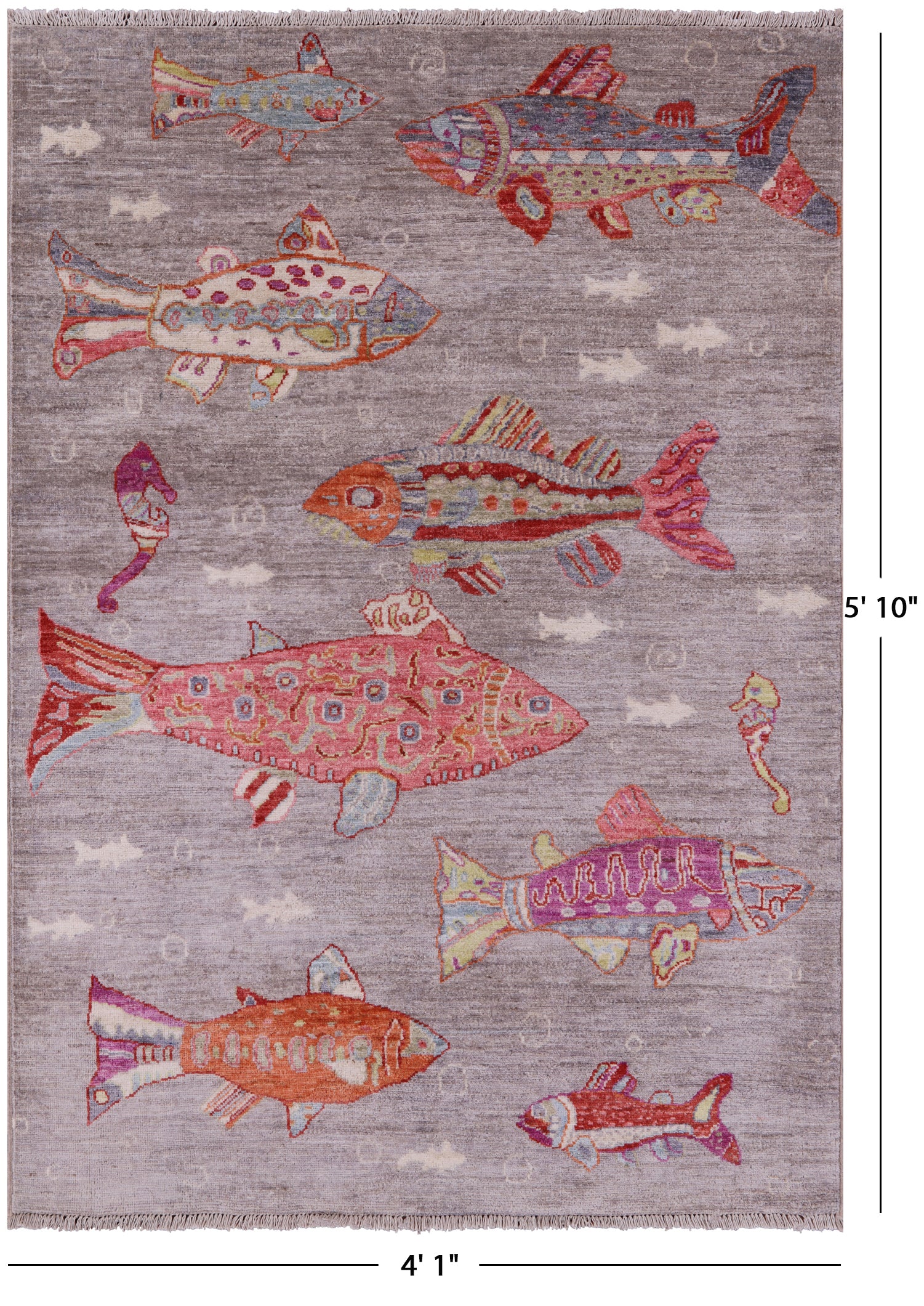 Grey Fish Design Persian Gabbeh Hand Knotted Wool Rug - 4' 1" X 5' 10" - Golden Nile
