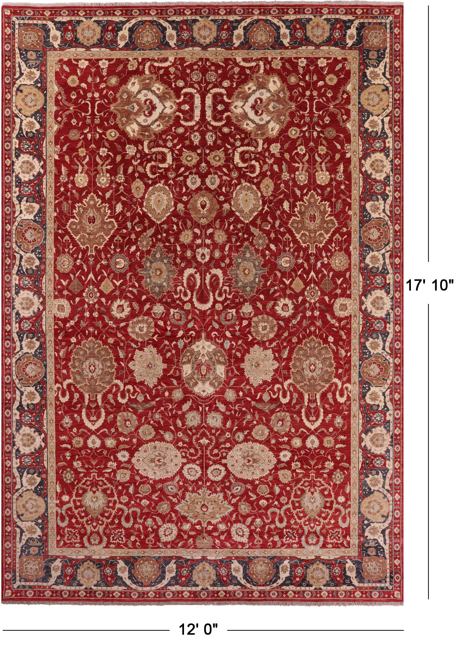 Red Persian Tabriz Handmade Wool Rug - 12' 0" X 17' 10" - Golden Nile
