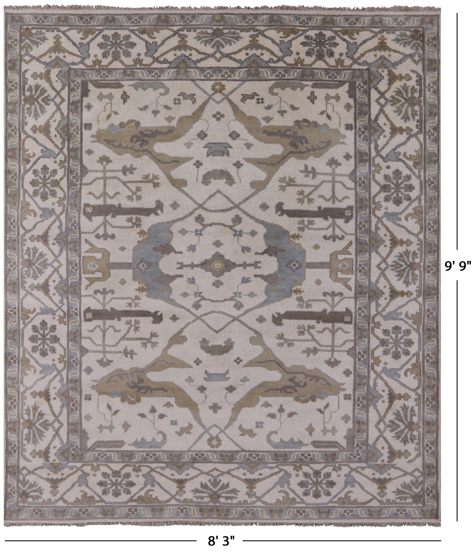 Ivory Turkish Oushak Hand Knotted Wool Area Rug - 8' 3" X 9' 9" - Golden Nile