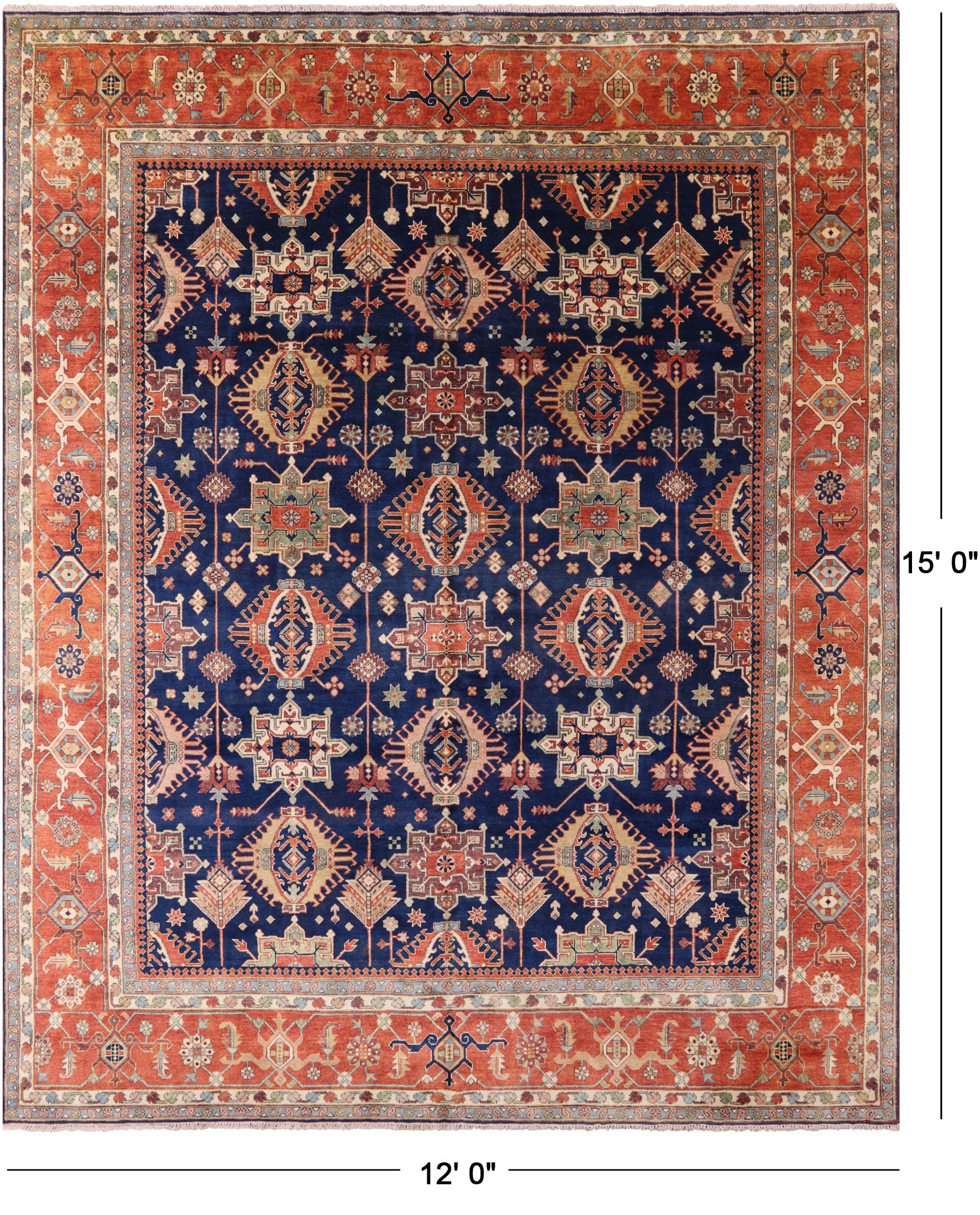 Blue Persian Heriz Serapi Hand Knotted Wool Rug - 12' 0" X 15' 0" - Golden Nile