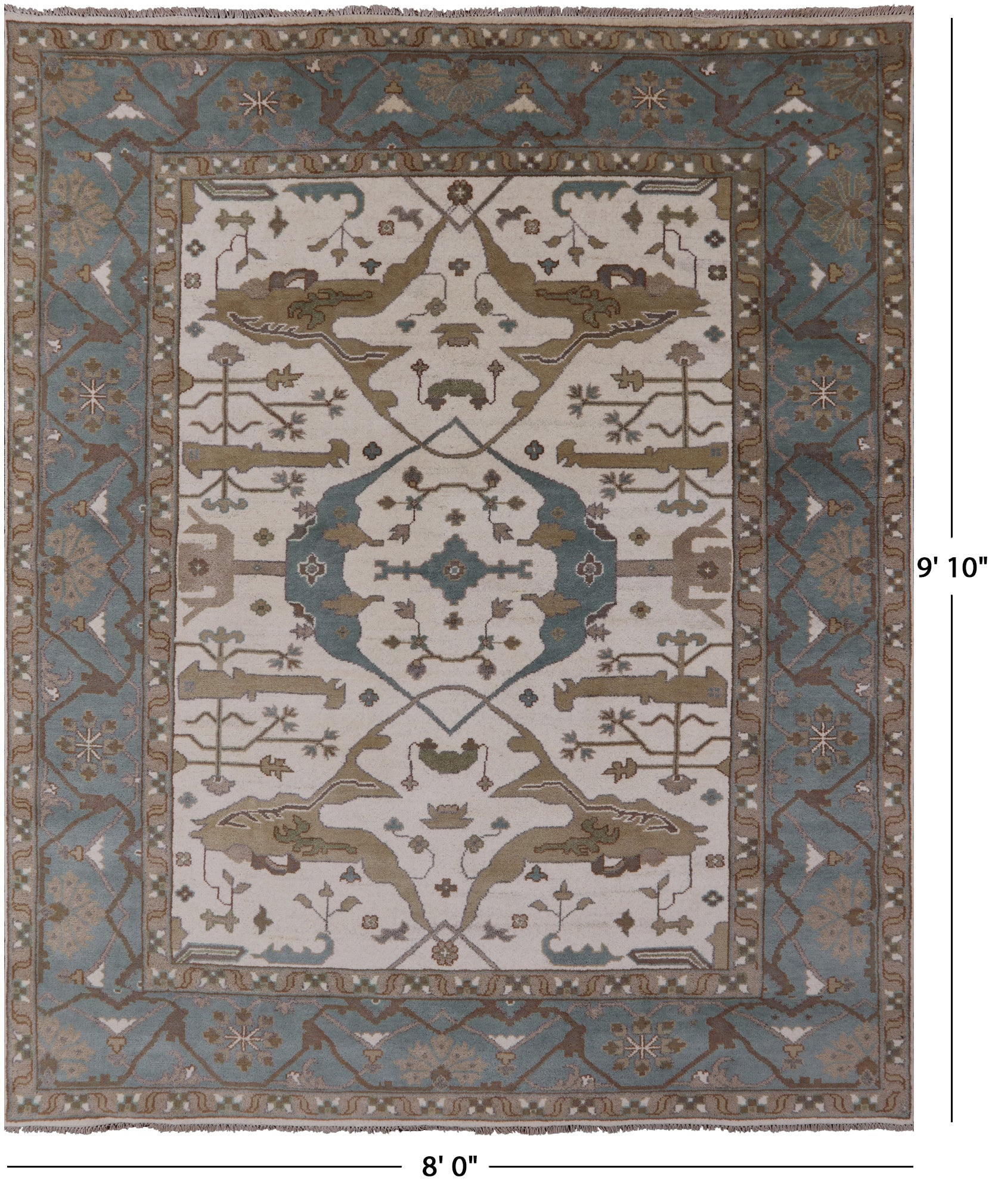 Ivory Turkish Oushak Hand Knotted Wool Area Rug - 8' 0" X 9' 10" - Golden Nile
