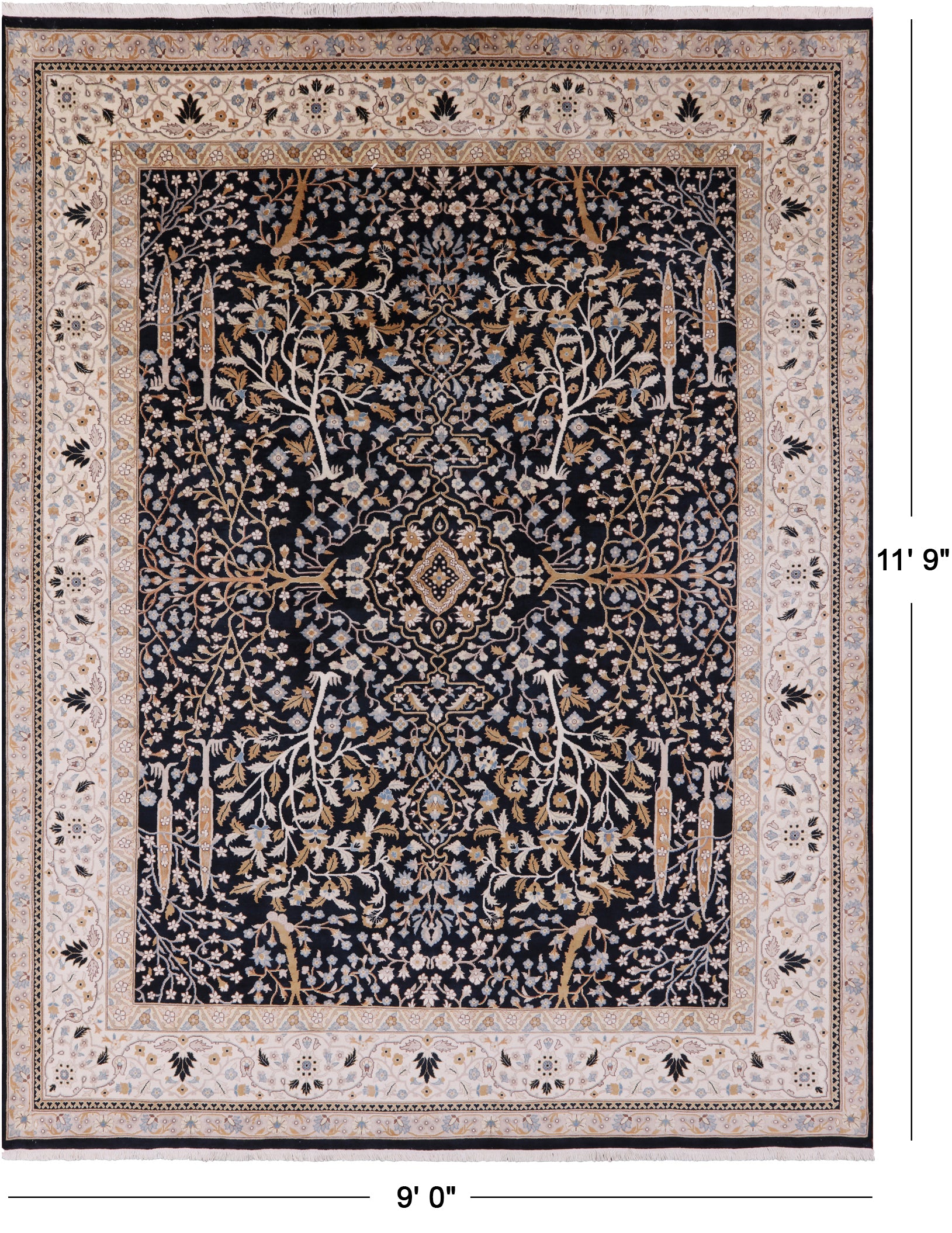 Black Persian Ziegler Hand Knotted Wool Rug - 9' 0" X 11' 9" - Golden Nile
