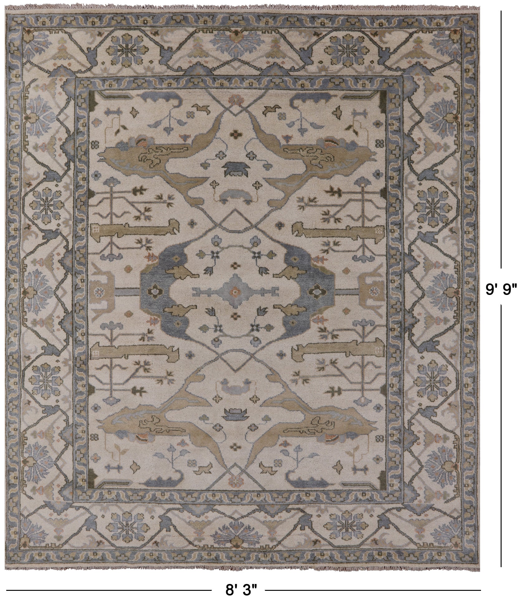 Ivory Turkish Oushak Hand Knotted Wool Area Rug - 8' 3" X 9' 9" - Golden Nile