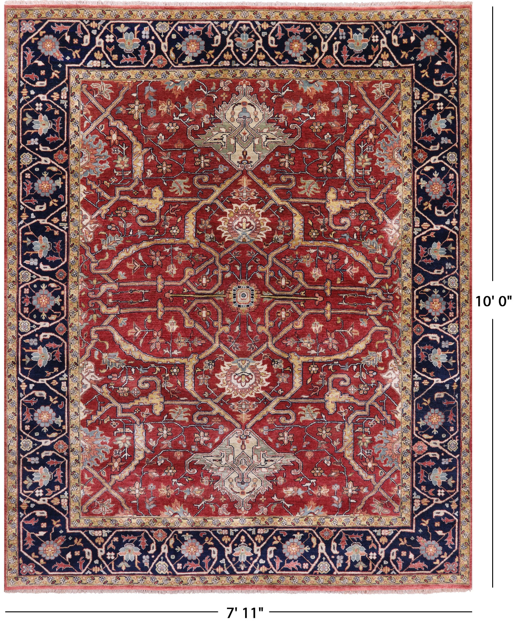 Red Persian Fine Serapi Hand Knotted Wool Rug - 7' 11" X 10' 0" - Golden Nile