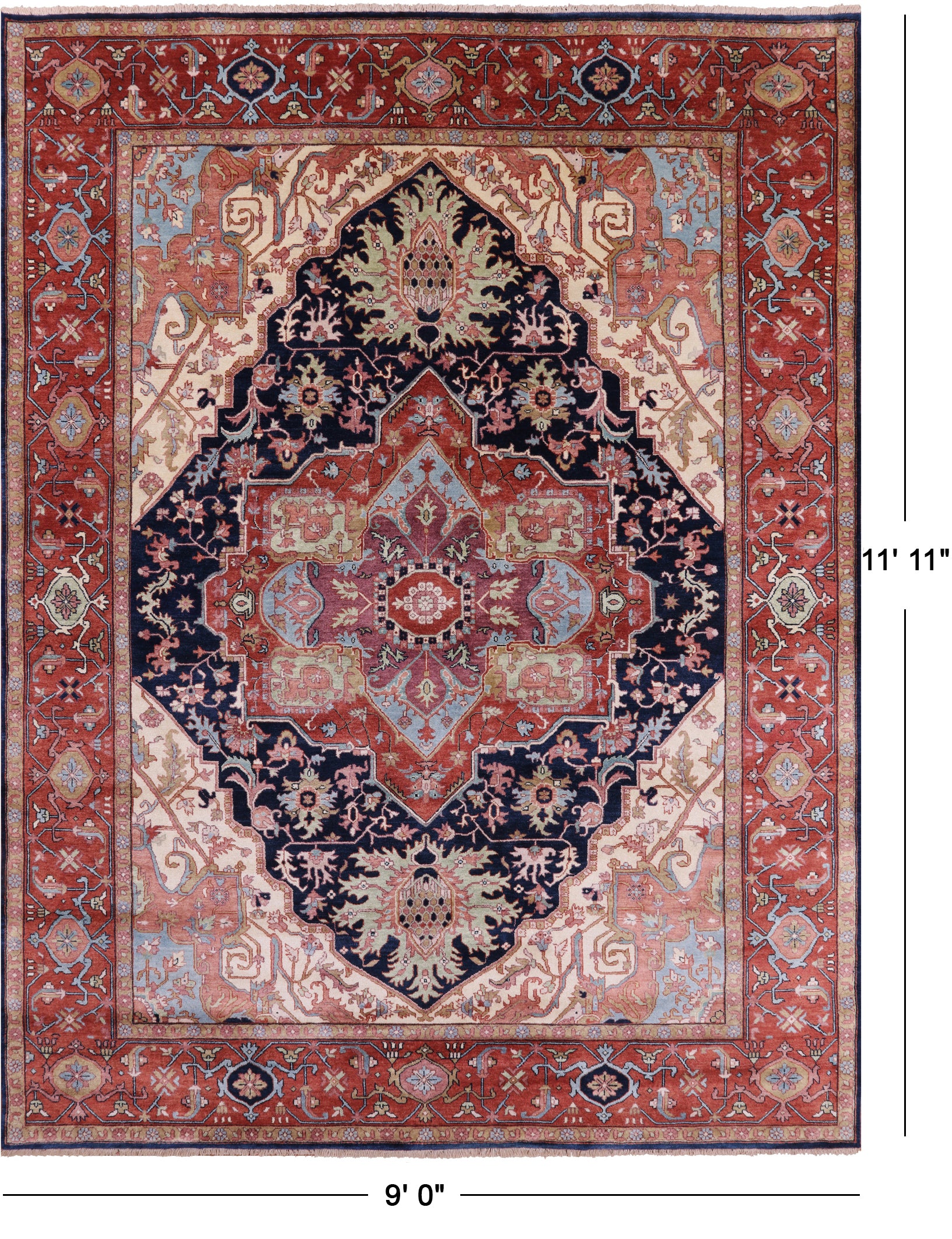 Blue Persian Fine Serapi Hand Knotted Wool Rug - 9' 0" X 11' 11" - Golden Nile