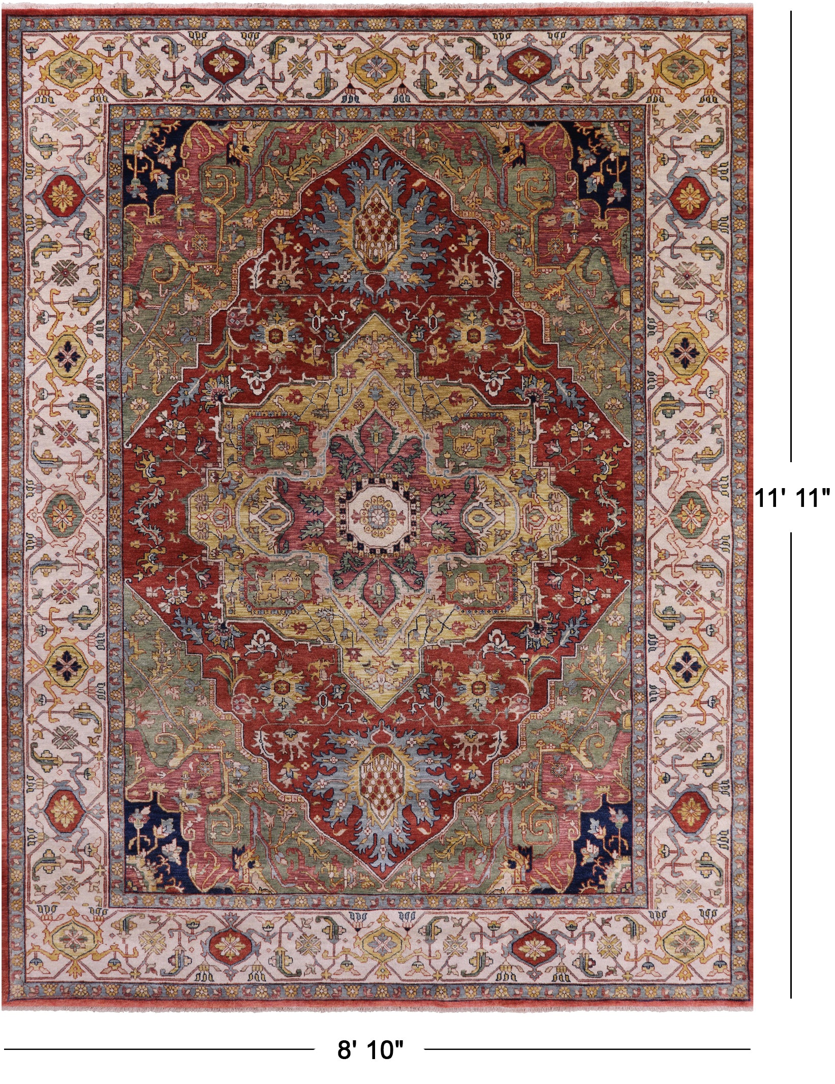 Rust Persian Fine Serapi Hand Knotted Wool Rug - 8' 10" X 11' 11" - Golden Nile