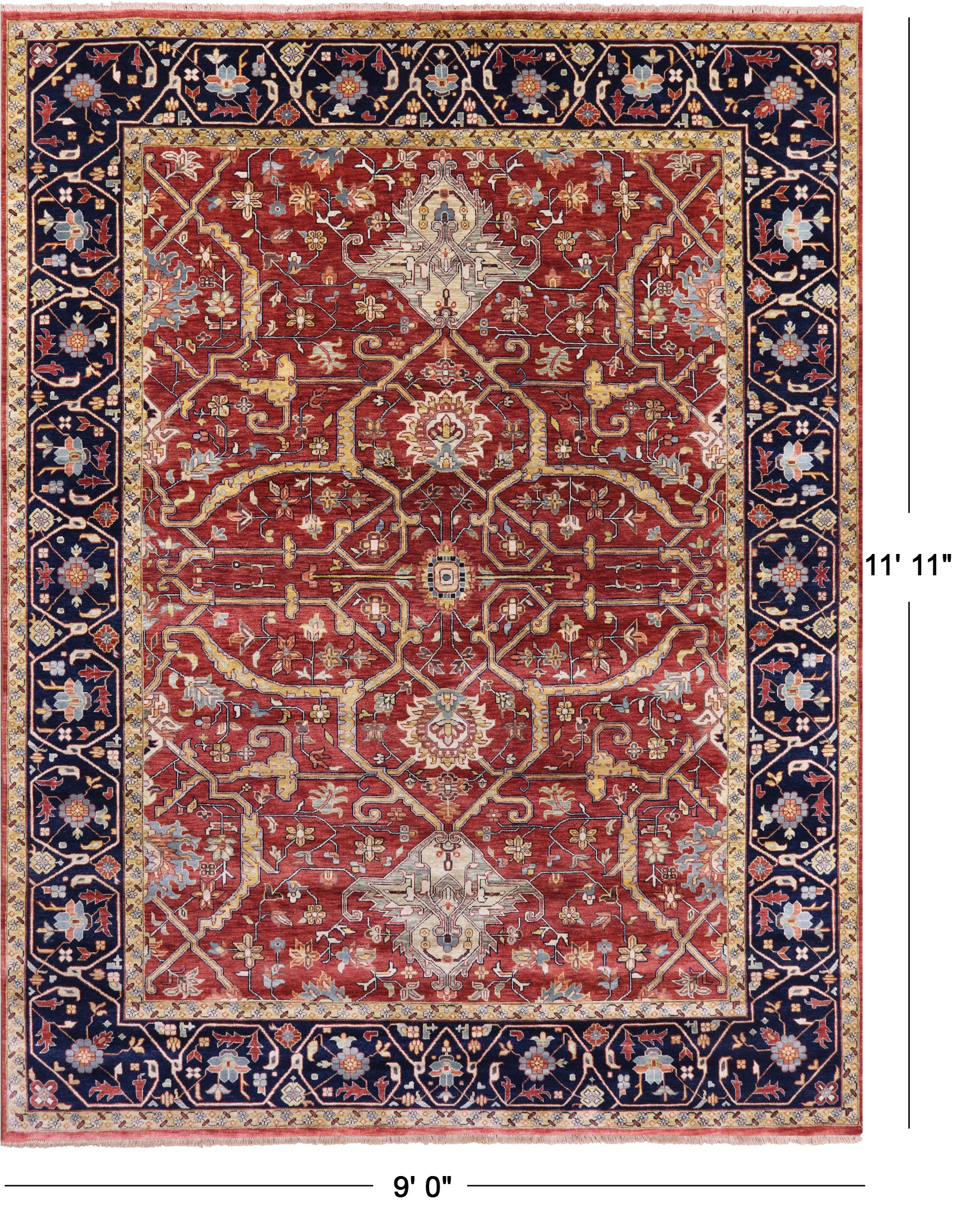 Red Persian Fine Serapi Hand Knotted Wool Rug - 9' 0" X 11' 11" - Golden Nile