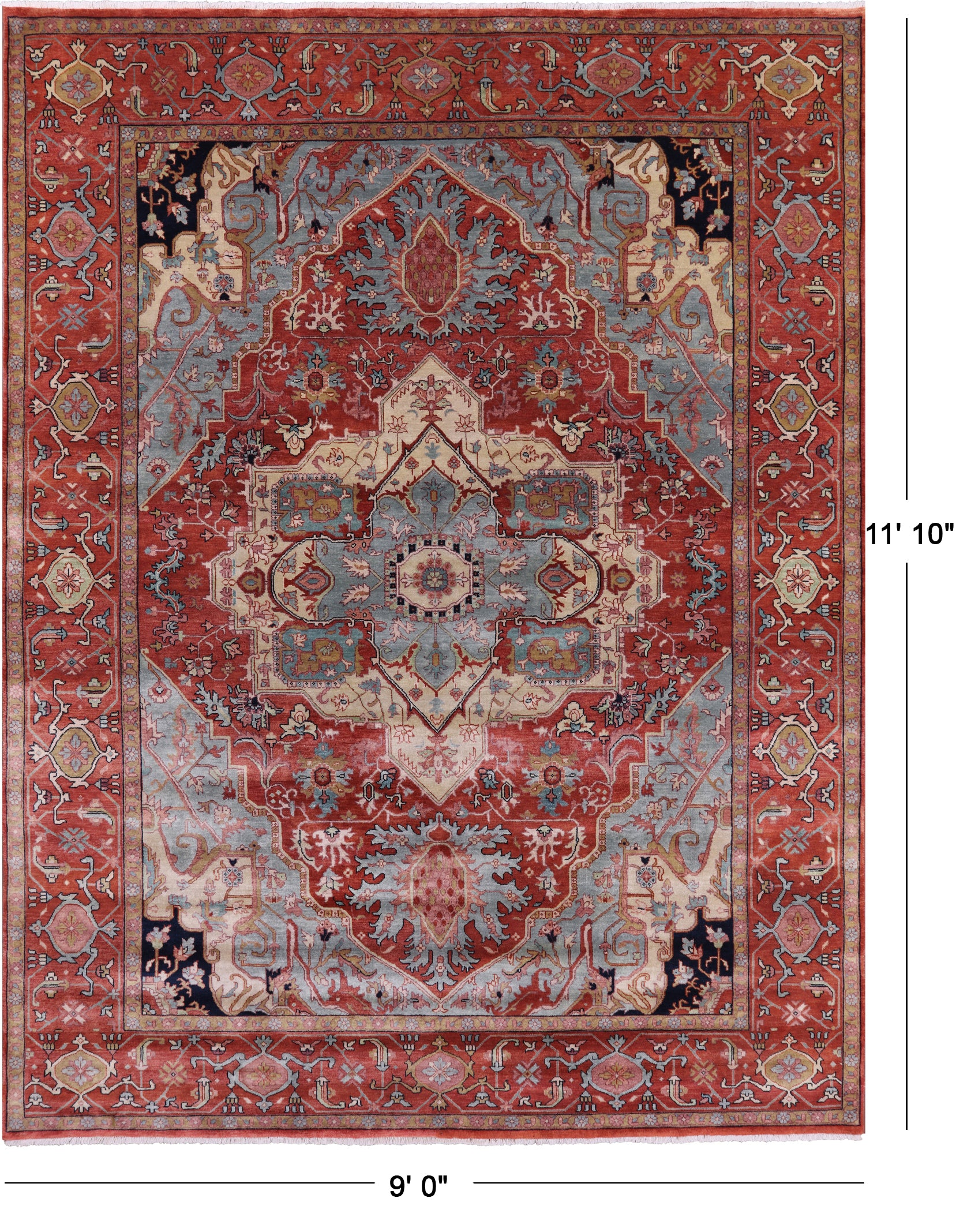 Rust Persian Fine Serapi Hand Knotted Wool Rug - 9' 0" X 11' 10" - Golden Nile