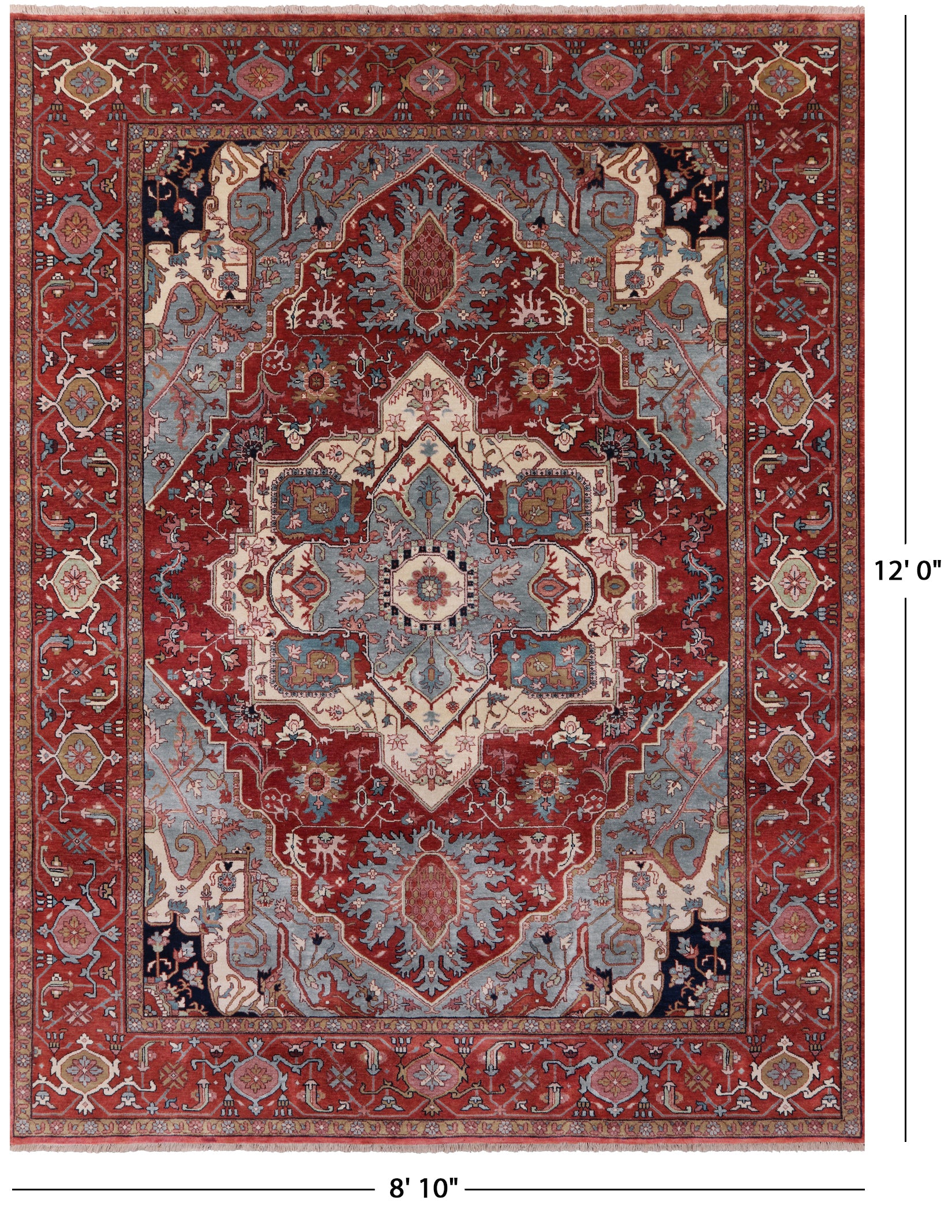 Red Persian Fine Serapi Hand Knotted Wool Rug - 8' 10" X 12' 0" - Golden Nile