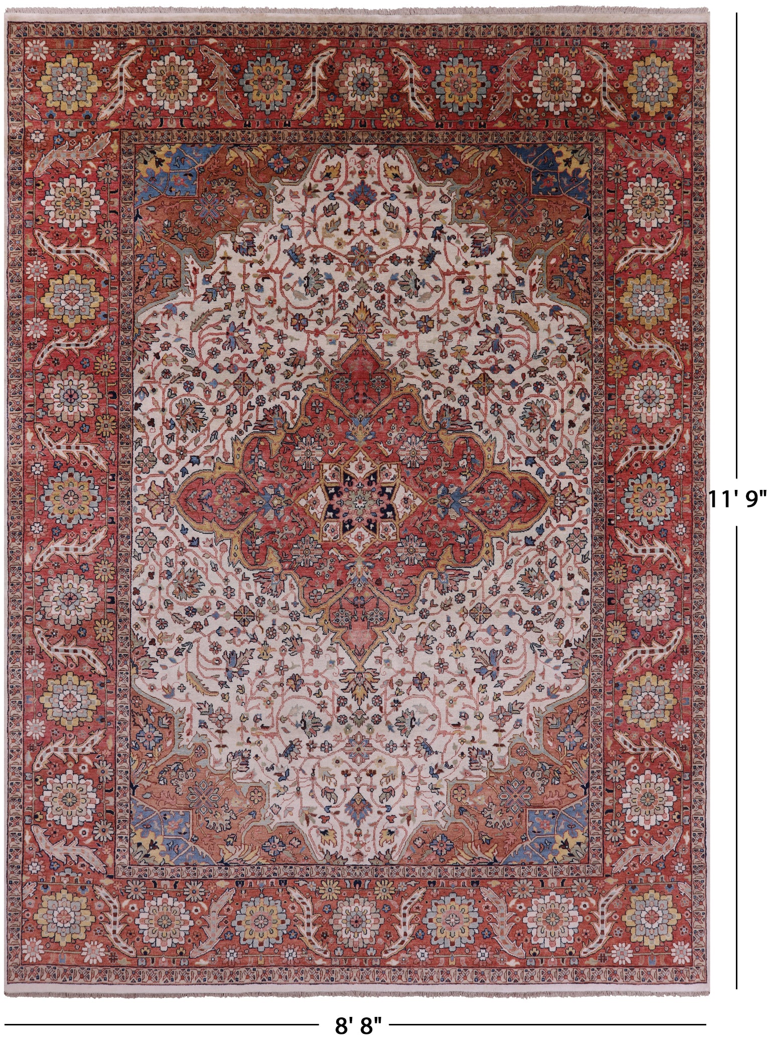 Ivory Persian Fine Serapi Hand Knotted Wool Rug - 8' 8" X 11' 9" - Golden Nile