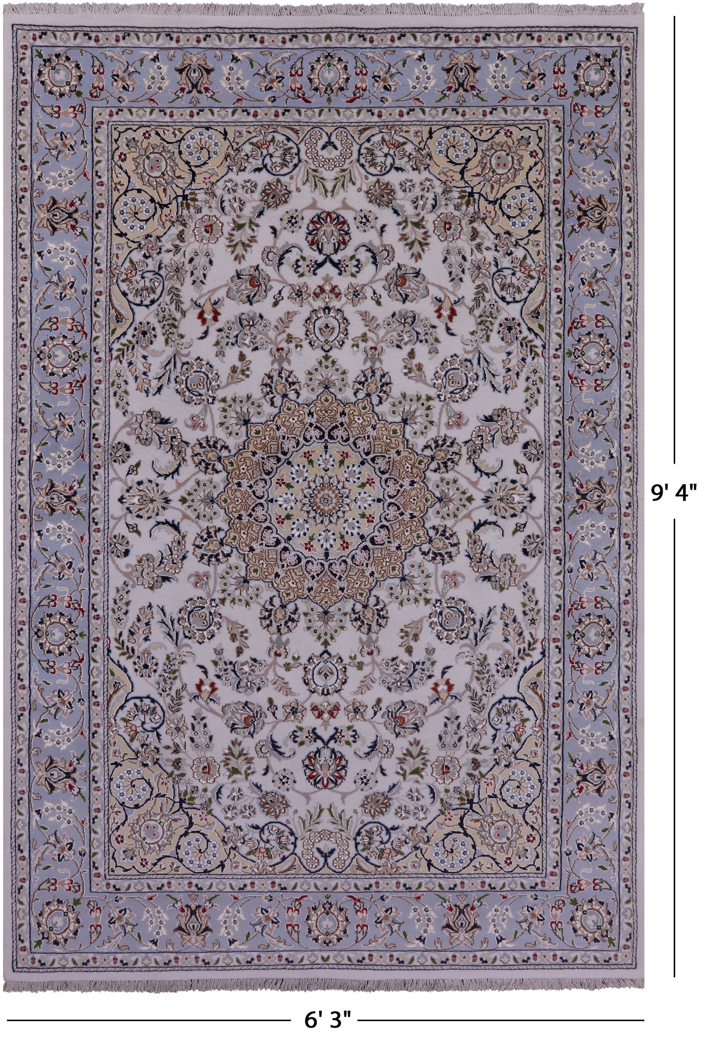 Ivory Persian Nain Hand Knotted Wool & Silk Rug - 6' 3" X 9' 4" - Golden Nile