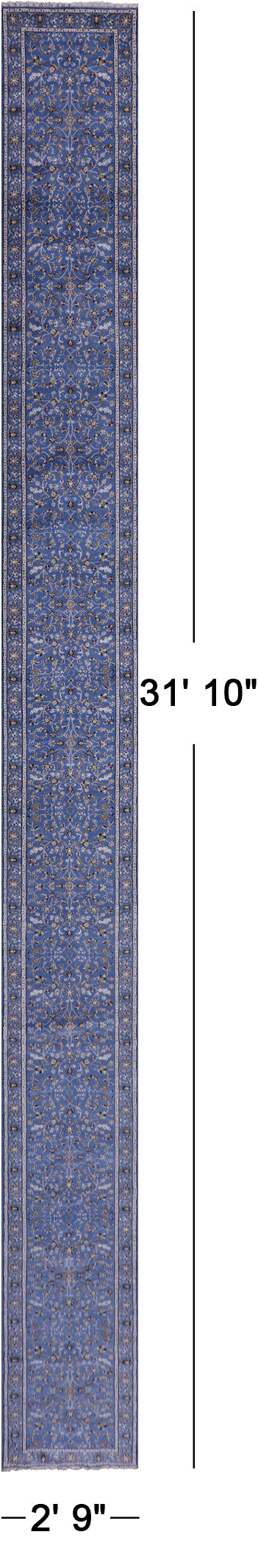 Blue Persian Nain Hand Knotted Wool & Silk Runner Rug - 2' 9" X 31' 10" - Golden Nile