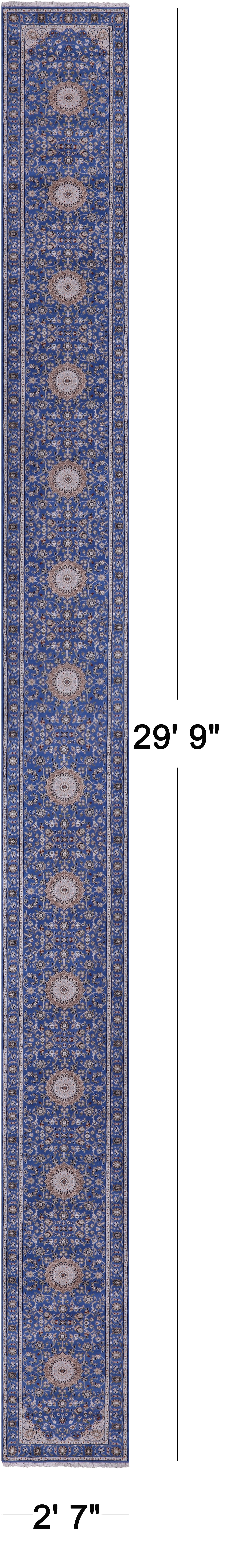 Blue Persian Nain Hand Knotted Wool & Silk Runner Rug - 2' 7" X 29' 9" - Golden Nile