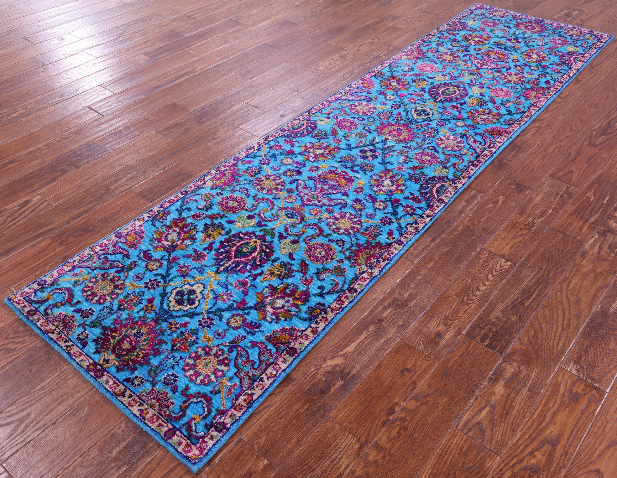 Blue Persian Tabriz Hand Knotted Wool & Silk Runner Rug - 2' 8" X 10' 2" - Golden Nile