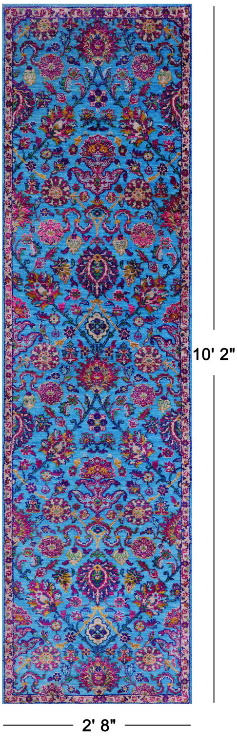 Blue Persian Tabriz Hand Knotted Wool & Silk Runner Rug - 2' 8" X 10' 2" - Golden Nile