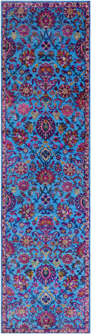 Blue Persian Tabriz Hand Knotted Wool & Silk Runner Rug - 2' 8